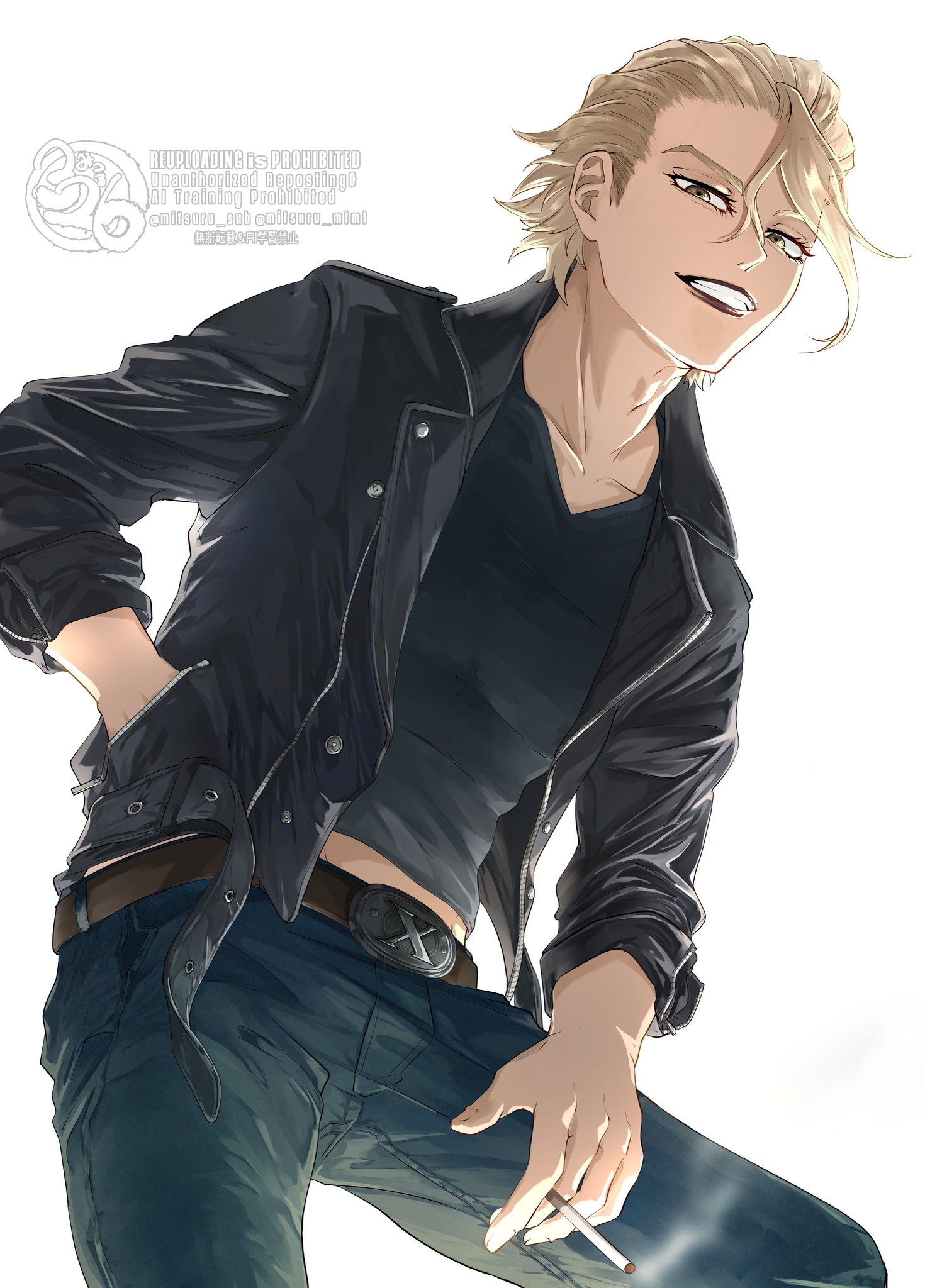 mitsuru (aica hikari), dr. stone, highres, 1boy, belt, belt buckle, black jacket, black shirt, blonde hair, brown belt, buckle, cigarette, collarbone, cowboy shot, denim, hand in pocket, holding, holding cigarette, jacket, jeans, leather, leather jacket, looking at viewer, male focus, midriff peek, open clothes, open jacket, pants, shirt, short hair, simple background, smile, smoke, smoking, solo, stanley snyder (dr.stone), teeth, twitter username, white background, yellow eyes