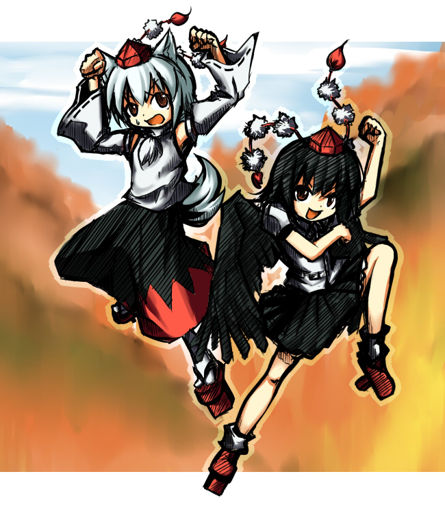 tanayuma, inubashiri momiji, shameimaru aya, touhou, silver hair, 2girls, animal ears, black hair, black wings, detached sleeves, female focus, geta, hat, multiple girls, red eyes, short hair, tail, tokin hat, wings, wolf ears, wolf tail