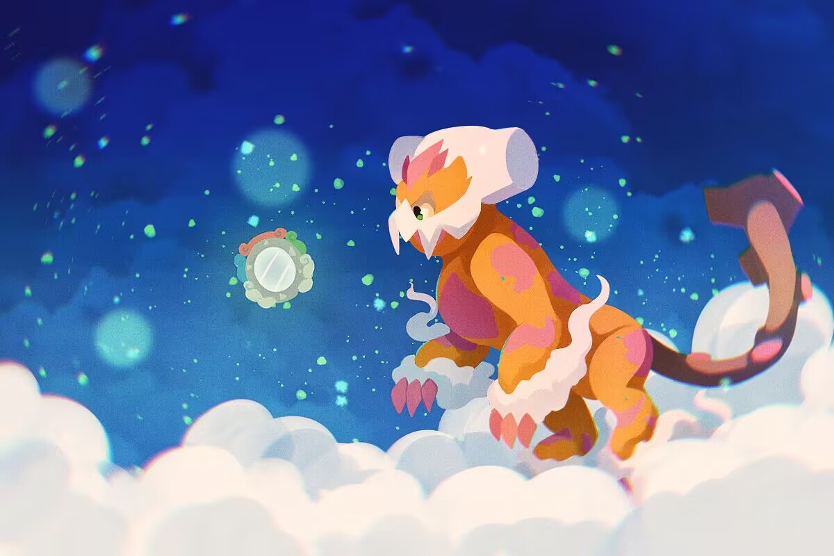 1258265894, landorus, nintendo, pokemon, commentary request, claws, closed mouth, cloud, full body, gen 5 pokemon, green eyes, legendary pokemon, mirror, no humans, outdoors, pokemon (creature), solo