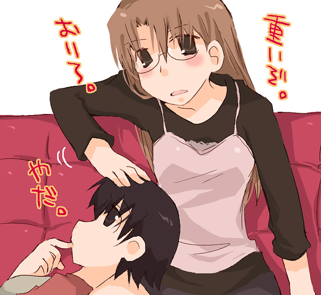 mayukichi, mizuhara koyomi, takino tomo, azumanga daiou, azumanga daiou hoshuu-hen, 2girls, black hair, blush, brown eyes, brown hair, couch, finger in own mouth, hand on another's head, lap pillow, long hair, looking at viewer, lying, lying on lap, multiple girls, open mouth, short hair