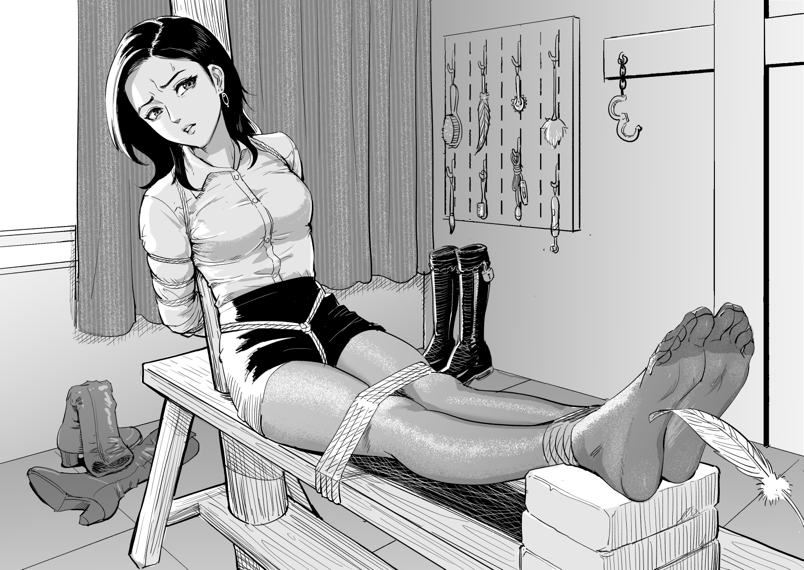 root001, original, highres, 1girl, bdsm, bondage, boots, bound, crotch rope, pantyhose, restrained, rope, shibari, tickling, unworn boots