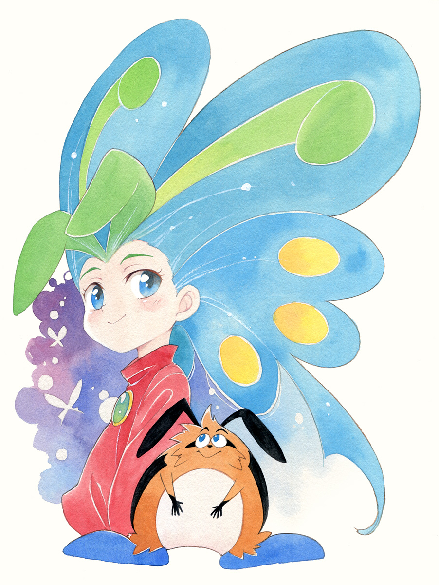 agahari, timon (yadamon), yadamon (character), yadamon, commentary, commentary request, highres, partial commentary, 1girl, antenna hair, blonde hair, blue eyes, blue hair, brooch, bug, butterfly, butterfly wings, closed mouth, creature, green hair, hair wings, insect, insect wings, jewelry, long hair, looking at viewer, looking to the side, multicolored hair, red shirt, shirt, smile, tall hair, wings