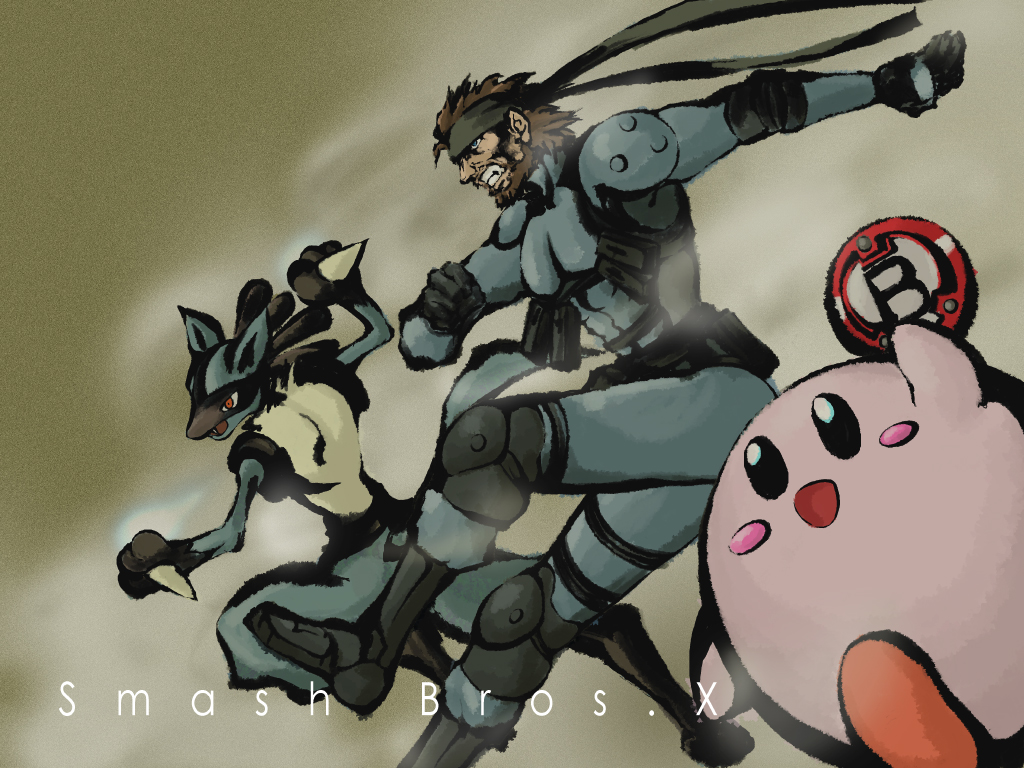 kirby, lucario, solid snake, kirby (series), metal gear (series), metal gear solid, nintendo, pokemon, star fox, super smash bros., 00s, 1boy, beard, blue eyes, bomb, brown hair, explosive, facial hair, furry, furry male, gen 4 pokemon, hachimaki, headband, pokemon (creature), red eyes, smile