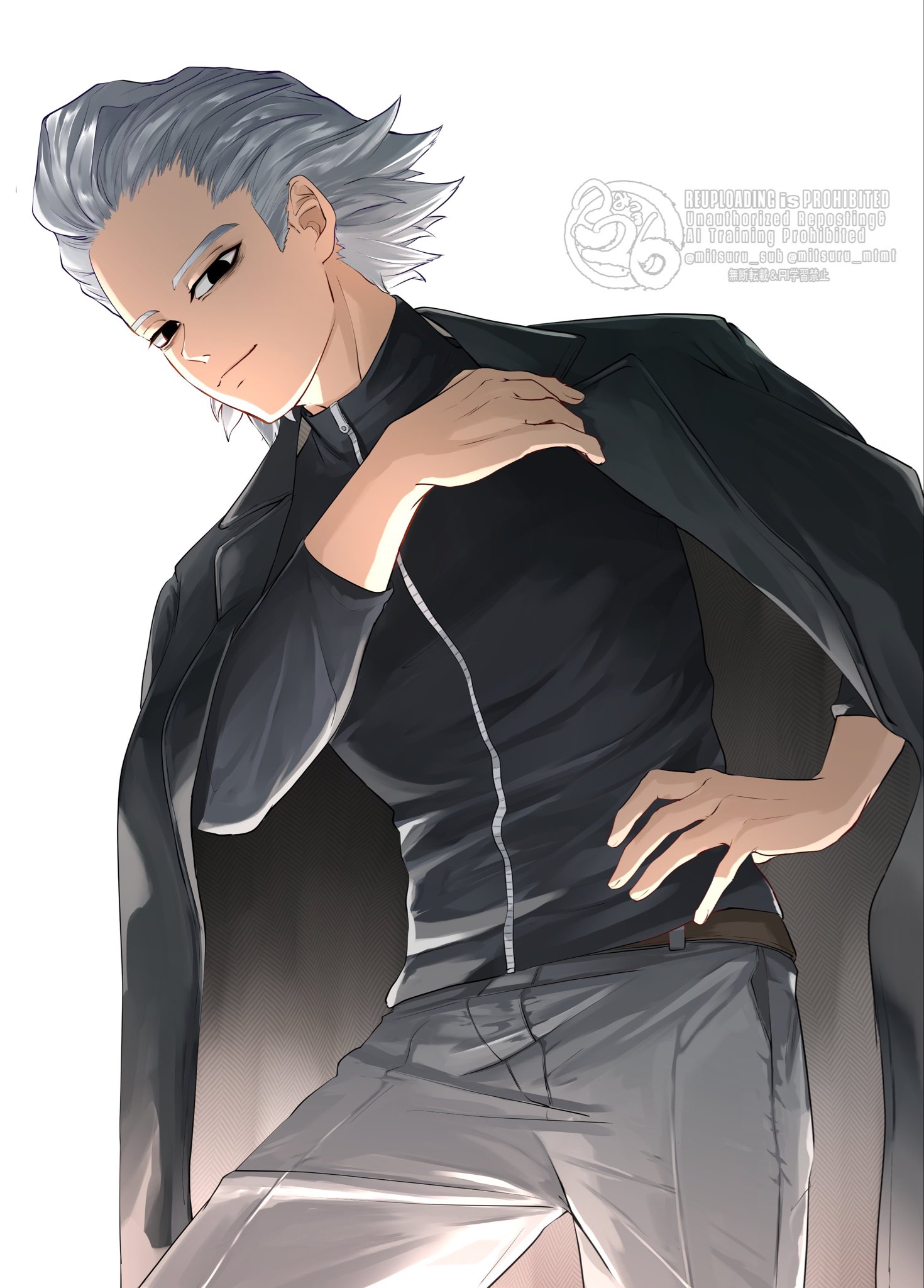 mitsuru (aica hikari), dr. stone, highres, 1boy, belt, black coat, black eyes, black jacket, black shirt, closed mouth, coat, coat on shoulders, cowboy shot, grey hair, grey pants, hair slicked back, hand on own hip, hand up, jacket, jacket on shoulders, long sleeves, looking at viewer, male focus, pants, shirt, short hair, simple background, smile, solo, spiked hair, standing, twitter username, white background, xeno (dr.stone), zipper