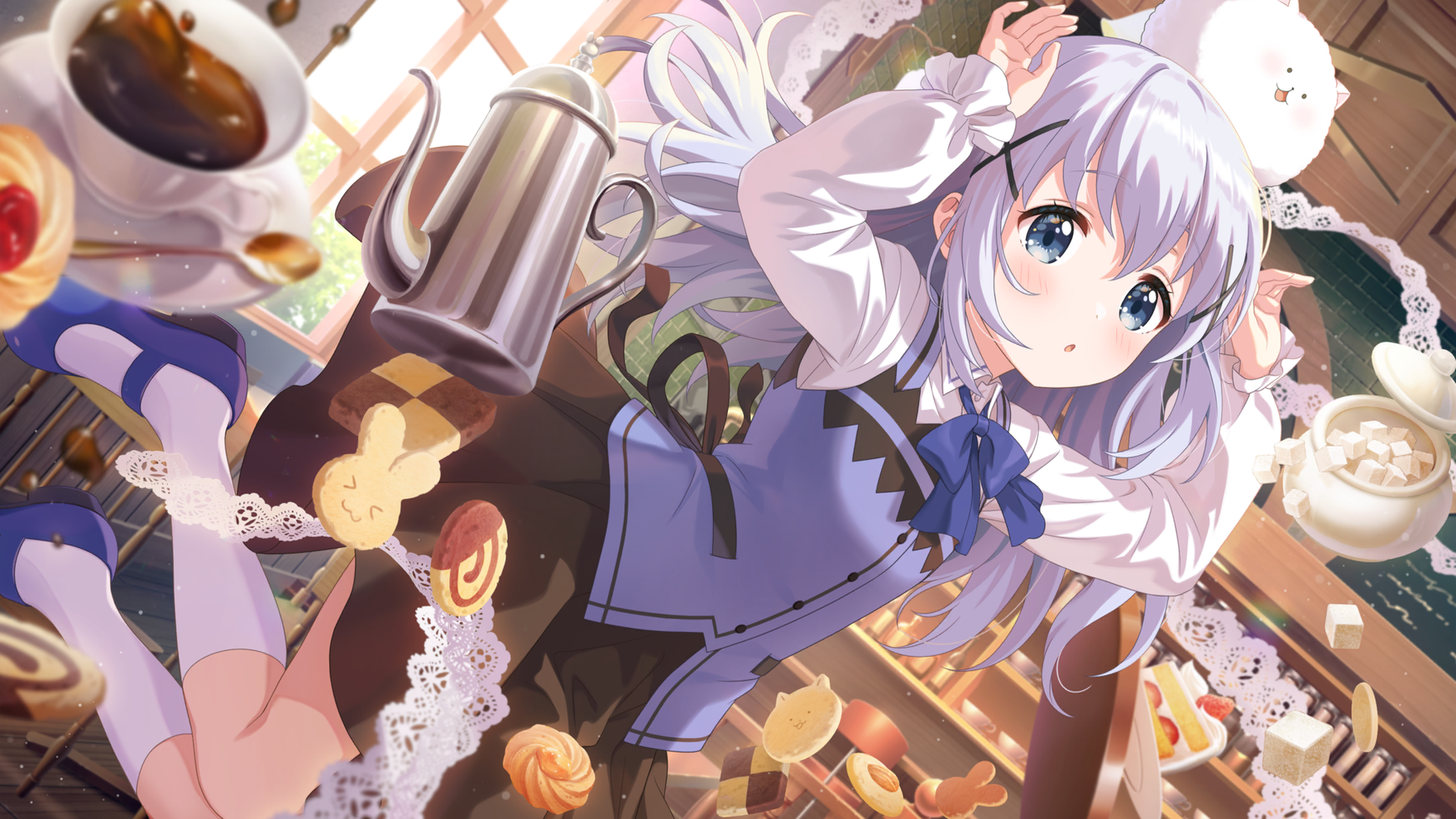 kafuu chino, tippy (gochiusa), gochuumon wa usagi desu ka?, idoly pride, highres, official art, 1girl, angora rabbit, arms up, blue eyes, blush, cake, coffee, cookie, food, grey hair, long hair, parted lips, rabbit, rabbit house uniform, skirt, sugar cube