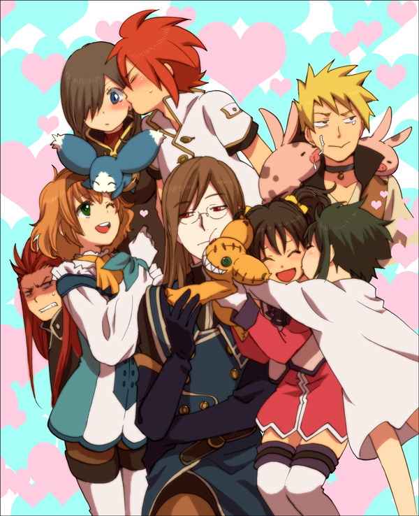 harumi chihiro, anise tatlin, asch (tales), florian, florian (tales), guy cecil, jade curtiss, luke fon fabre, mieu (tales), natalia luzu kimlasca lanvaldear, tear grants, tokunaga (tales), tales of (series), tales of the abyss, 00s, 3girls, 5boys, :>, ascot, black hair, blonde hair, blue eyes, blush, brown hair, choker, closed eyes, doll, elbow gloves, glasses, gloves, green eyes, green hair, hair over one eye, hair ribbon, hairband, heart, hug, kiss, long hair, multiple boys, multiple girls, open mouth, orange ascot, pantyhose, pig, red eyes, red hair, ribbon, short hair, thighhighs, twintails, white gloves