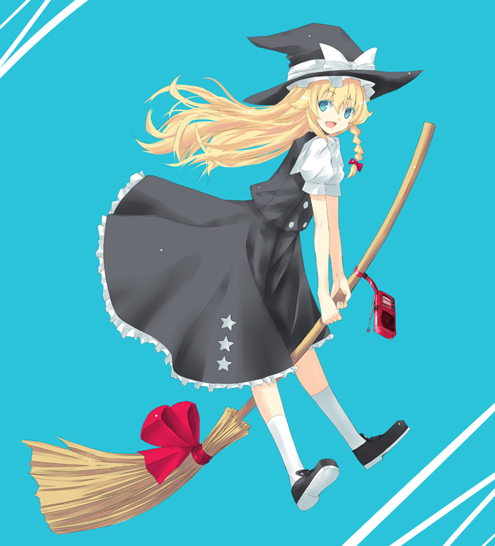 nabeshima tetsuhiro, kiki (majo no takkyuubin), kirisame marisa, majo no takkyuubin, studio ghibli, touhou, 1girl, blonde hair, blue eyes, broom, cosplay, female focus, full body, hat, kiki (majo no takkyuubin) (cosplay), parody, radio, ribbon, simple background, skirt, solo, witch, witch hat