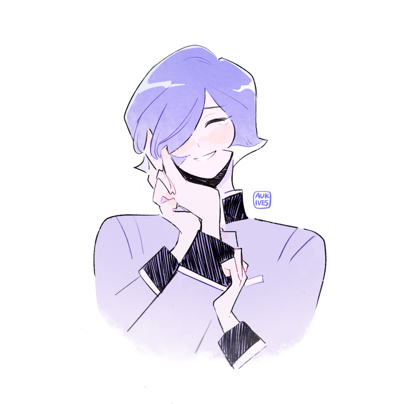 aukives, char aznable, garma zabi, gundam, mobile suit gundam the origin, bad id, bad pixiv id, commentary, 2boys, ^ ^, artist name, blush, closed eyes, grin, hair over one eye, hand on another's cheek, hand on another's face, happy, long sleeves, male focus, multiple boys, pov, pov hands, purple hair, purple theme, short hair, simple background, smile, tearing up, upper body, white background