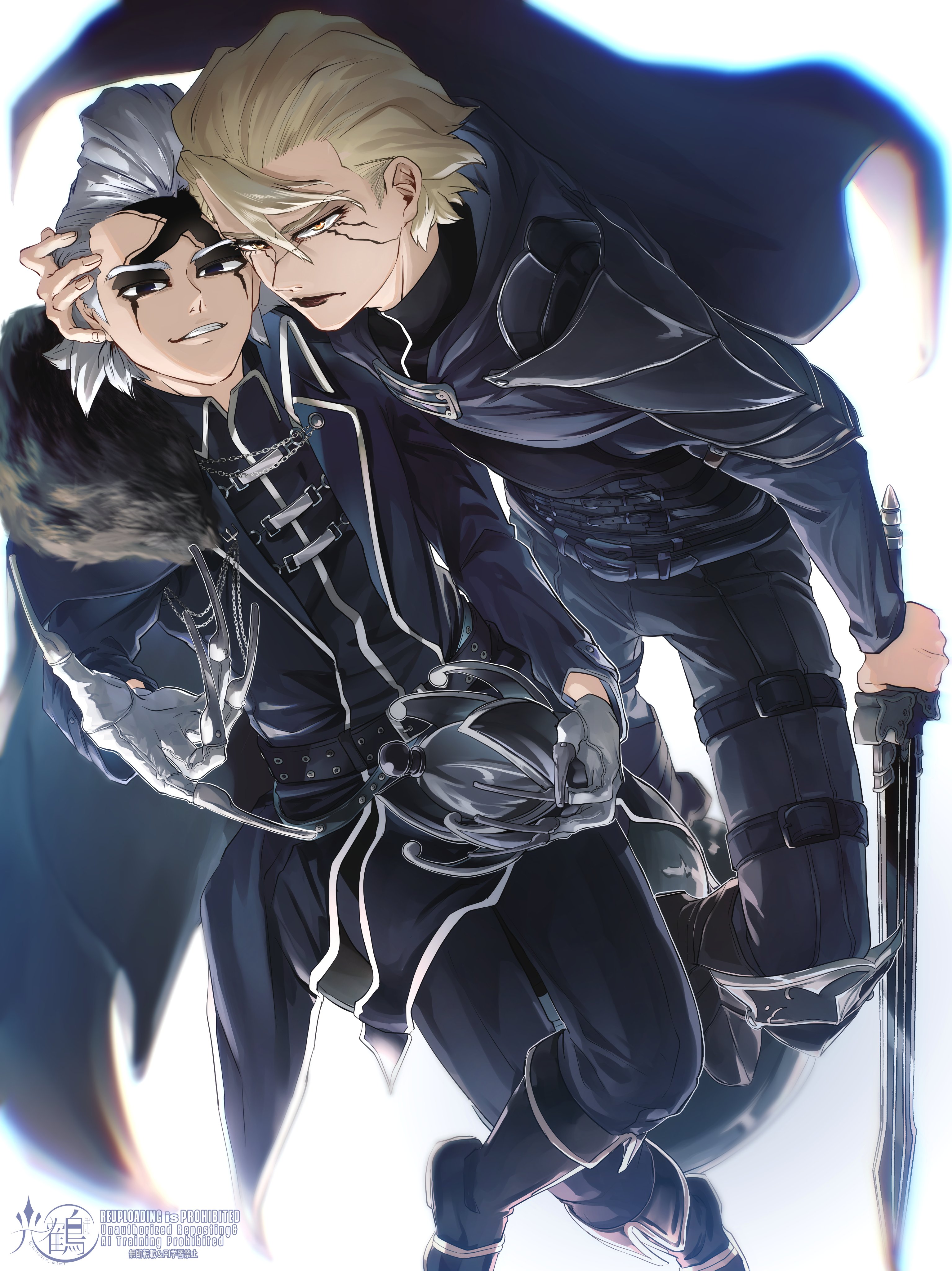 mitsuru (aica hikari), dr. stone, absurdres, highres, 2boys, armor, artist name, belt, black armor, black cape, black eyes, black pants, black sclera, blonde hair, boots, cape, colored sclera, eyepatch, fur trim, gloves, grey hair, half mask, helmet, holding, holding sword, holding weapon, looking at viewer, male focus, mask, multiple boys, pants, short hair, shoulder armor, smile, stanley snyder (dr.stone), sword, weapon, white background, white hair, xeno (dr.stone), yellow eyes