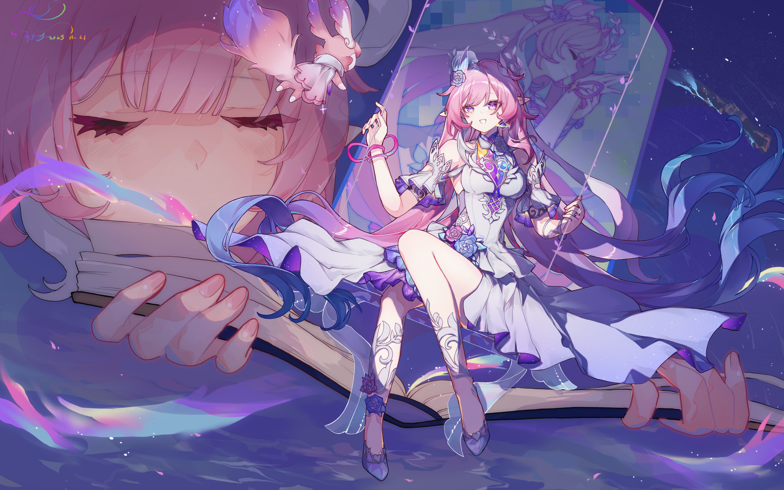 cyrene (aedes elysiae) (honkai: star rail), cyrene (honkai: star rail), mem (honkai: star rail), honkai: star rail, honkai (series), chinese commentary, commentary request, highres, armlet, as i've written (honkai: star rail), bare shoulders, blue hair, book, breasts, dress, earrings, flower, gradient hair, hair flower, hair ornament, jewelry, long hair, looking at viewer, medium breasts, multicolored hair, multiple persona, on swing, open book, ozzo (ozzo855122), parted lips, pink hair, pointy ears, purple eyes, purple flower, purple hair, purple rose, purple shoes, rose, shoes, sidelocks, sitting, smile, swing, very long hair, white dress