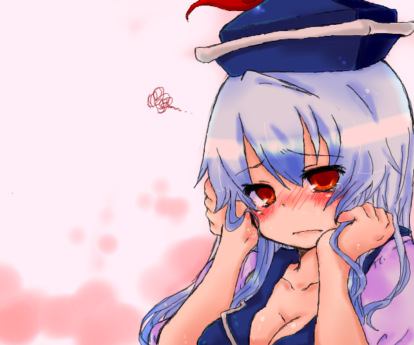 takamura, kamishirasawa keine, touhou, bad id, bad pixiv id, 1girl, blue hair, blush, breasts, cleavage, female focus, hand in own hair, hat, large breasts, long hair, red eyes, solo, squiggle, tears, upper body