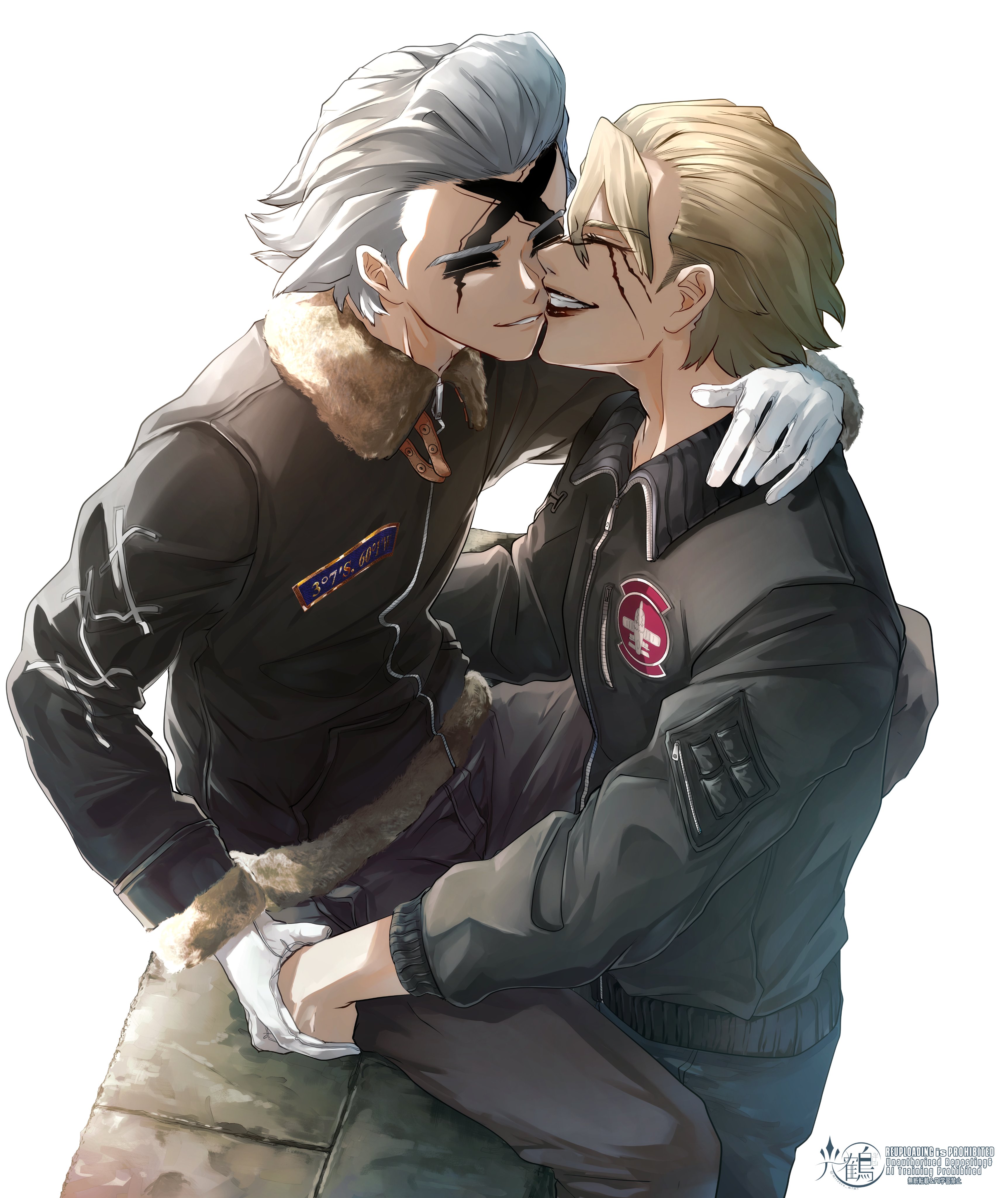mitsuru (aica hikari), dr. stone, absurdres, highres, 2boys, black jacket, black lips, blonde hair, bomber jacket, closed eyes, fur-trimmed jacket, fur trim, gloves, grey hair, hair slicked back, holding hands, imminent kiss, jacket, long sleeves, makeup, male focus, multiple boys, open mouth, pants, scar, scar on face, scar on forehead, short hair, simple background, sitting, smile, stanley snyder (dr.stone), white background, white gloves, xeno (dr.stone), yaoi