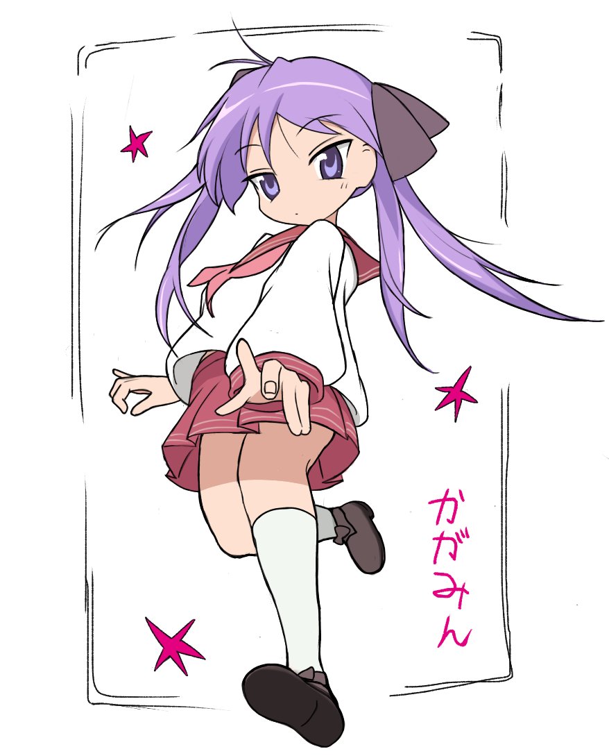 hiiragi kagami, lucky star, 1girl, black bow, bow, hair bow, long hair, midriff peek, neckerchief, pink neckerchief, pleated skirt, purple eyes, purple hair, red sailor collar, ryouou school uniform, sailor collar, school uniform, serafuku, skirt, socks, star (symbol), tsurime, turron3215, twintails, white background, white socks