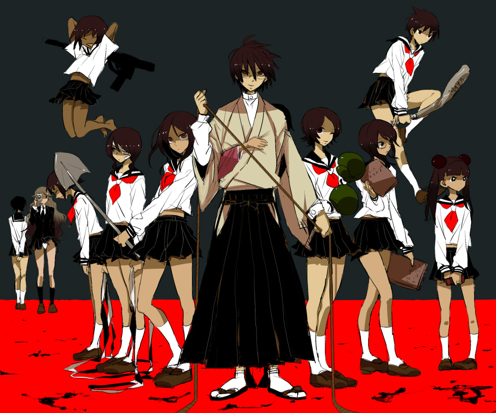pgawj, fujiyoshi harumi, fuura kafuka, hitou nami, itoshiki nozomu, kaga ai, kimura kaere, kitsu chiri, kobushi abiru, maruuchi shouko, mitama mayo, otonashi meru, sekiutsu maria tarou, tsunetsuki matoi, sayonara zetsubou sensei, character request, 00s, 1boy, 6+girls, bandages, baseball bat, book, boxing gloves, cellphone, dark skin, everyone, eyepatch, glasses, gun, japanese clothes, kneehighs, kobayashi abiru, multiple girls, panties, pantyshot, phone, rifle, rope, school uniform, serafuku, shovel, socks, underwear, weapon, white socks, worktool