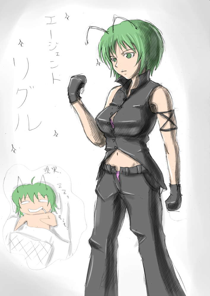 ami works, nazal, wriggle nightbug, touhou, bad id, bad pixiv id, 1girl, aged up, antennae, breasts, female focus, gloves, green eyes, green hair, imagining, matching hair/eyes, midriff, panties, pink panties, short hair, sketch, solo, underwear
