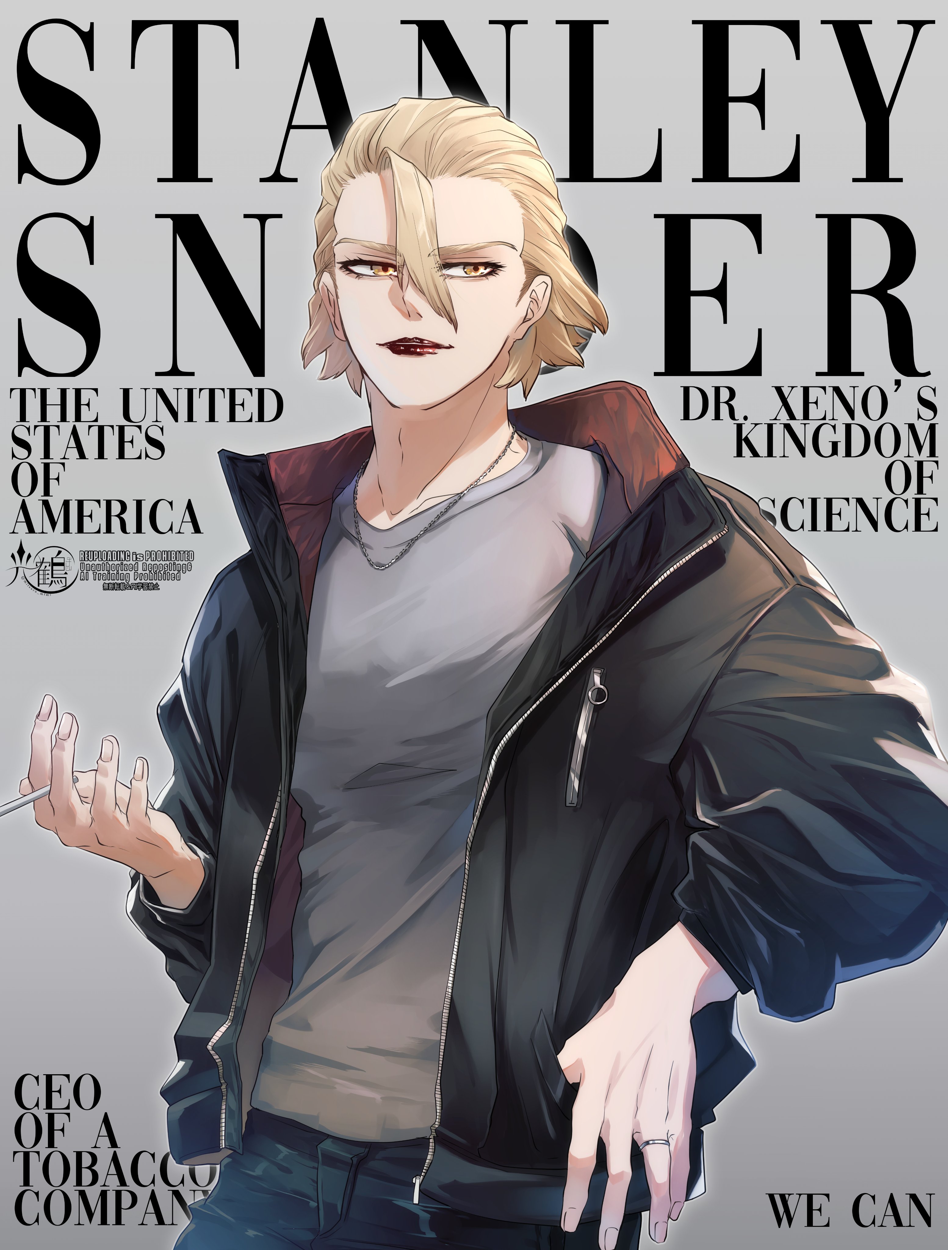 mitsuru (aica hikari), dr. stone, absurdres, highres, 1boy, alternate costume, black jacket, black pants, blonde hair, casual, character name, cigarette, cover, english text, fake cover, fake magazine cover, grey background, grey shirt, hair between eyes, hair slicked back, holding, holding cigarette, jacket, jewelry, lipstick, magazine cover, makeup, male focus, necklace, open clothes, open jacket, pants, red lips, ring, shirt, short hair, smoking, solo, stanley snyder (dr.stone), yellow eyes