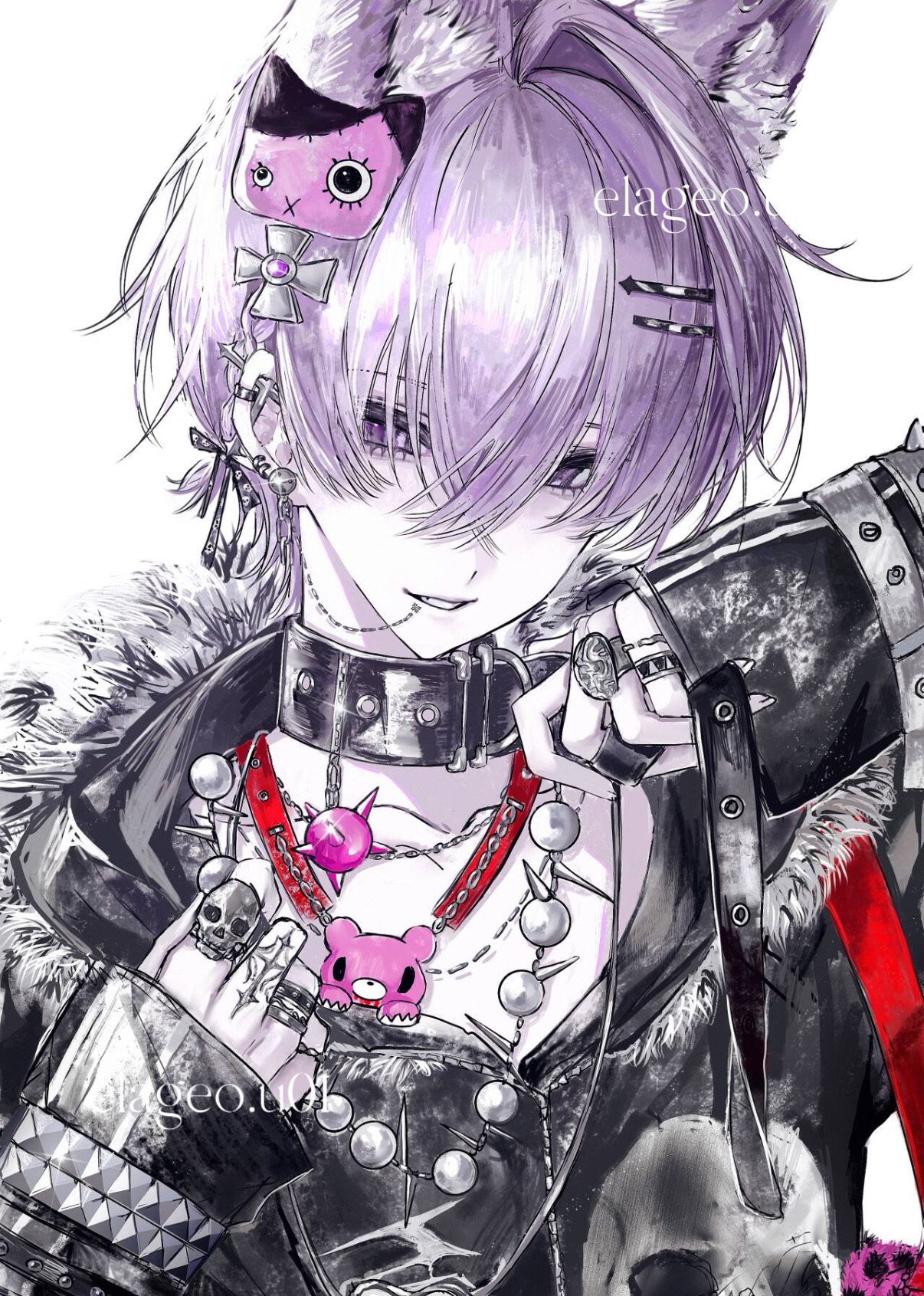 gloomy bear, itazuraguma no gloomy, original, artist request, character request, commission, hashtag-only commentary, highres, second-party source, 1boy, animal ears, barbell piercing, black collar, black jacket, bracelet, chain, chain necklace, character charm, character hair ornament, charm (object), collar, collarbone, cross, crossed bangs, ear chain, ear piercing, earrings, face piercing, frayed clothes, fur-trimmed jacket, fur trim, greek cross, hair between eyes, hair ornament, hairclip, hand up, hood, hood down, industrial piercing, jacket, jewelry, linked piercing, lip piercing, long sleeves, male focus, multiple earrings, multiple necklaces, multiple rings, necklace, piercing, purple eyes, purple hair, ring, single hair intake, skull ring, solo, spiked necklace, strap, studded bracelet, upper body, white background, wolf ears, yabi fashion