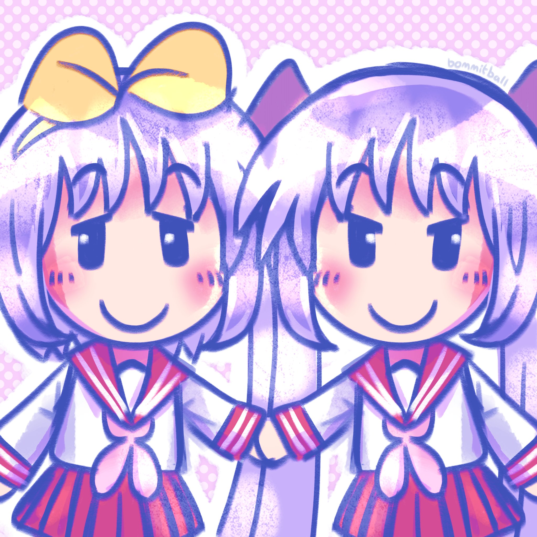 hiiragi kagami, hiiragi tsukasa, lucky star, highres, 2girls, artist name, blush, bommitball, bow, hair bow, holding hands, long hair, multiple girls, pink background, pleated skirt, purple hair, red sailor collar, red skirt, ryouou school uniform, sailor collar, school uniform, siblings, sisters, skirt, smile, twins, twintails, yellow bow