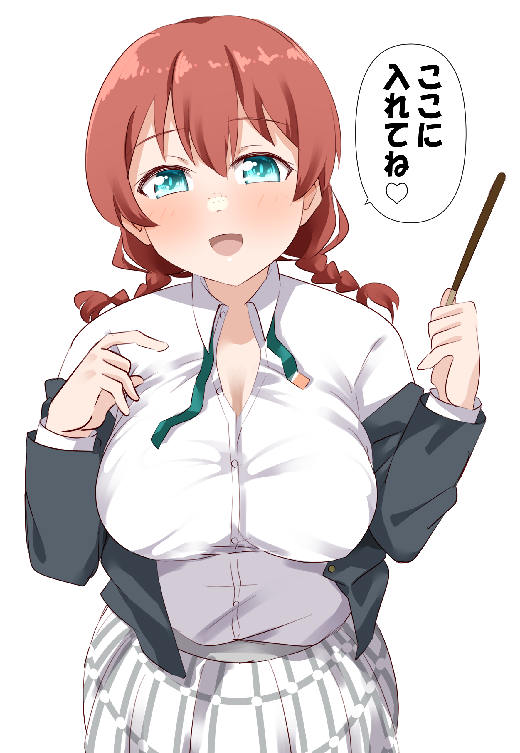 lamchan, emma verde, love live!, love live! nijigasaki high school idol club, absurdres, commentary request, highres, translated, 1girl, :d, aqua eyes, black jacket, blush, braid, breasts, brown hair, cleavage, collared shirt, food, freckles, hair between eyes, holding, holding food, holding pocky, jacket, large breasts, long sleeves, low twin braids, nijigasaki school uniform, open mouth, pleated skirt, pocky, school uniform, shirt, simple background, skirt, smile, solo, speech bubble, twin braids, white background, white skirt