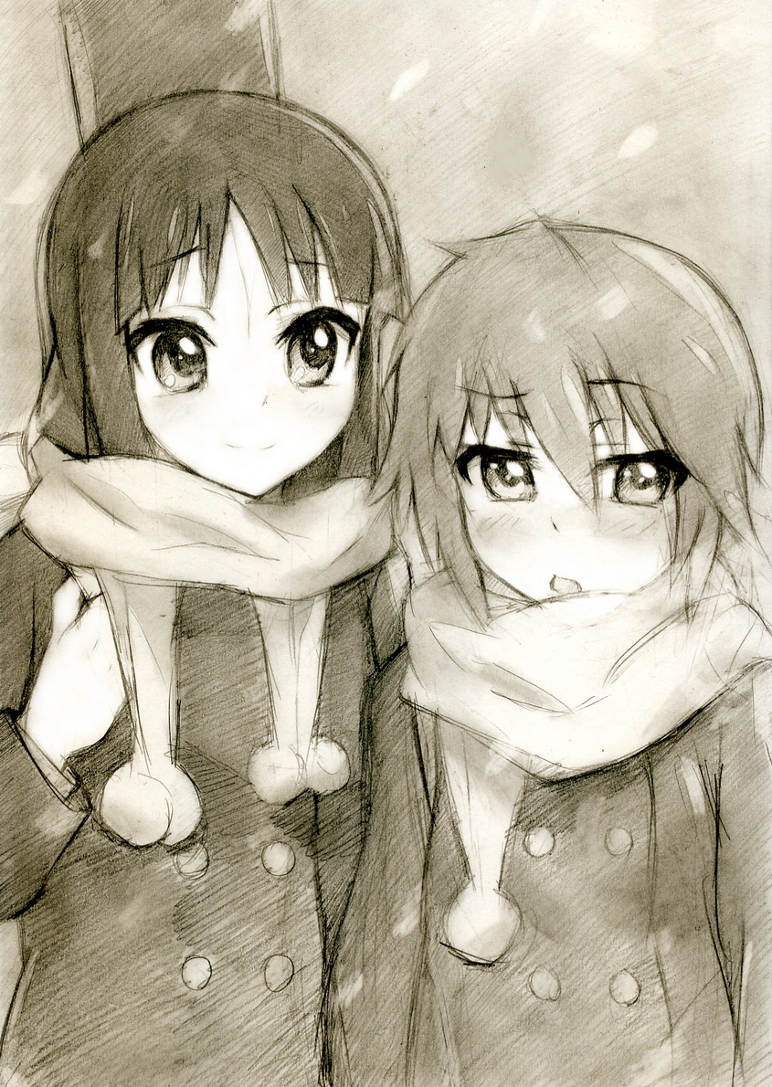 kisetsu, akiyama mio, tainaka ritsu, k-on!, bad id, bad pixiv id, traditional media, 00s, 2girls, alternate hairstyle, coat, hair down, monochrome, multiple girls, scarf, sepia