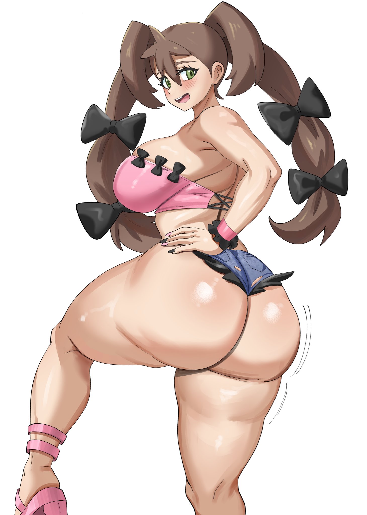 ytrall, shauna (pokemon), nintendo, pokemon, pokemon xy, 1girl, aged up, ankle strap, ass, black bow, black nails, black panties, blue shorts, blush, bow, breasts, brown hair, cellulite, crop top, cutoffs, denim, denim shorts, frilled cuffs, from behind, green eyes, hair bow, hand on own hip, huge ass, large breasts, long hair, looking back, one leg raised, open mouth, panties, pink nails, pink shirt, pink shoes, sandals, shirt, shoes, short shorts, shorts, solo, standing, strapless, thick thighs, thighs, torn clothes, torn shorts, tube top, twintails, underwear, white background, wrist cuffs