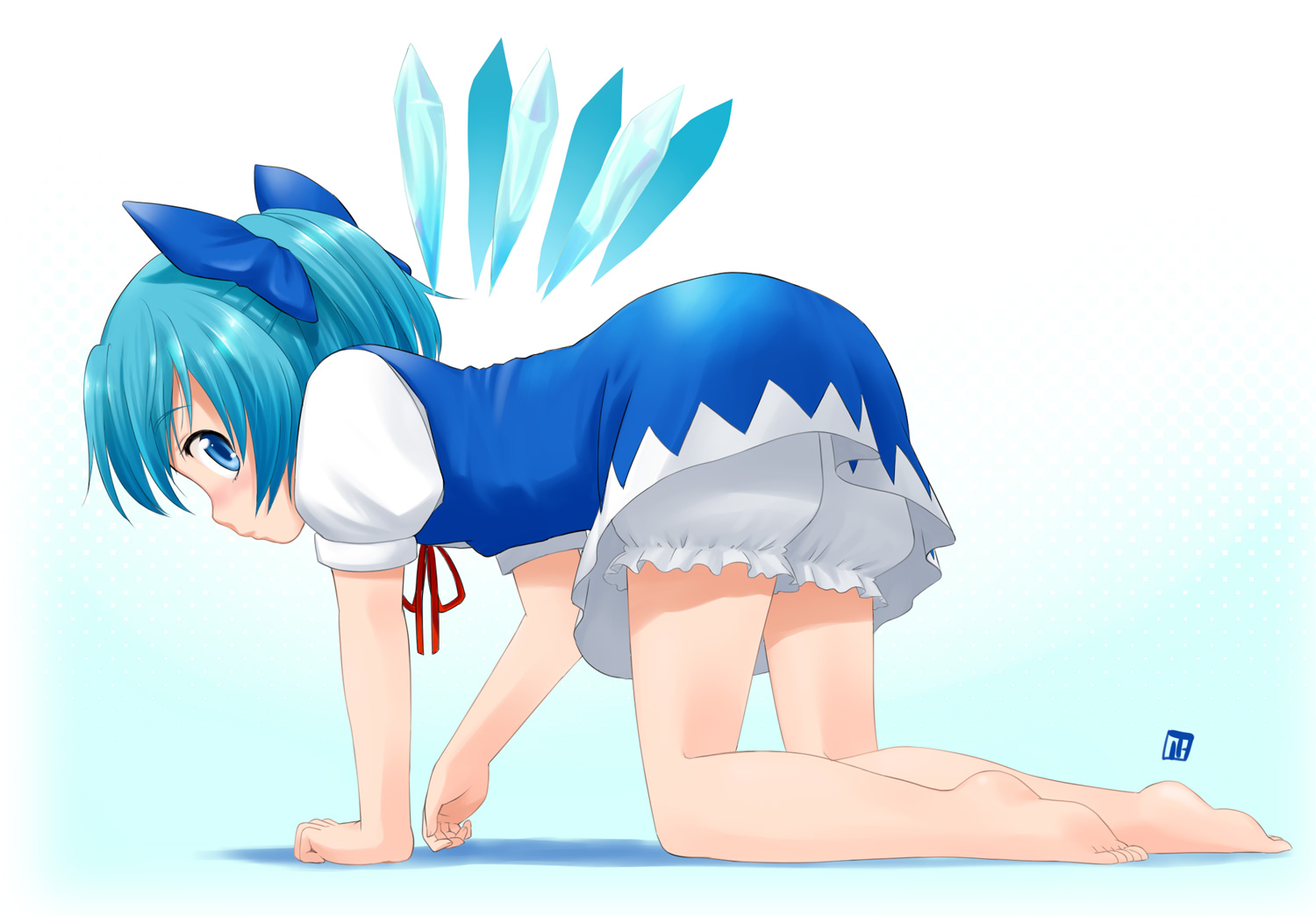 nagian, cirno, embodiment of scarlet devil, touhou, bad id, bad pixiv id, 1girl, all fours, barefoot, bloomers, blue eyes, blue hair, blush, bow, female focus, full body, gradient background, hair bow, matching hair/eyes, ribbon, solo, underwear, wings
