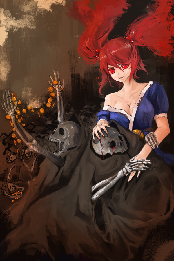 saint burn (pixiv), onozuka komachi, touhou, 1girl, blood, breasts, cleavage, female focus, large breasts, red eyes, red hair, short hair, skeleton, solo, twintails, two side up
