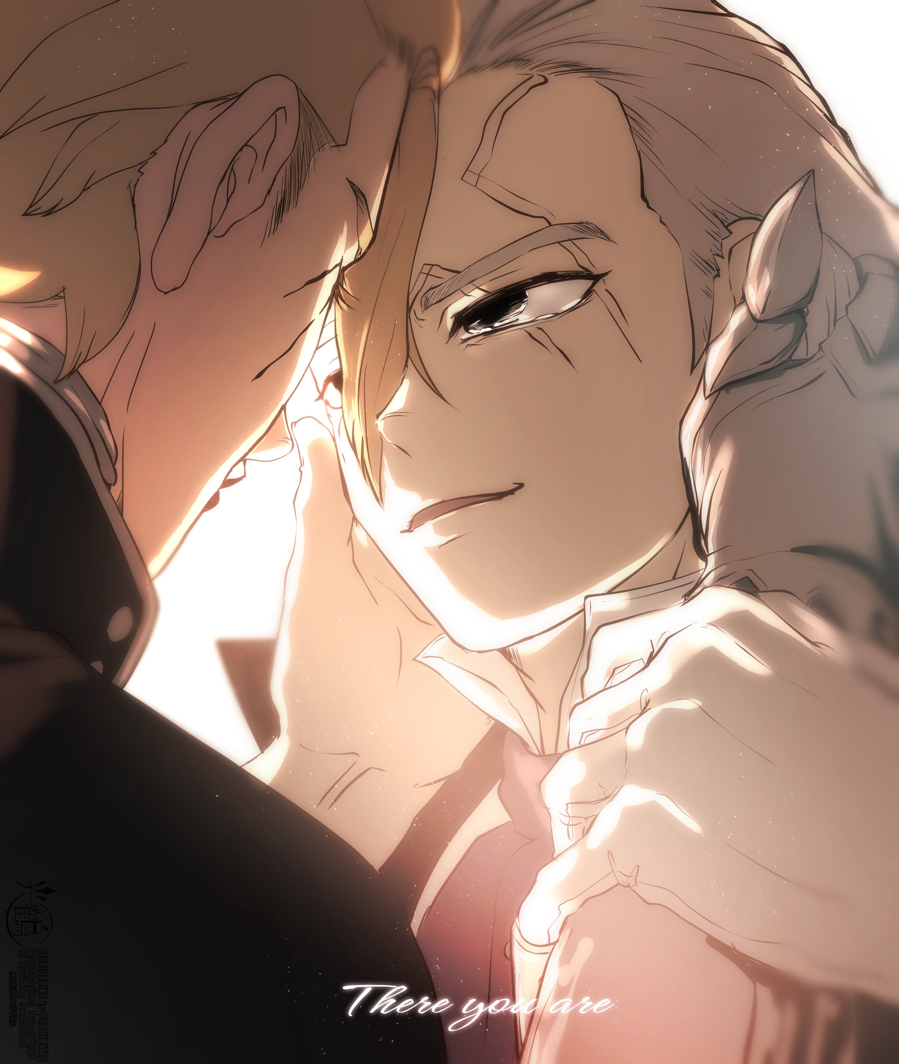mitsuru (aica hikari), dr. stone, absurdres, highres, 2boys, ascot, black eyes, blonde hair, brothers, eye contact, face-to-face, forehead-to-forehead, gloves, grey hair, hand on another's cheek, hand on another's face, hands on another's cheeks, hands on another's face, heads together, looking at another, male focus, multiple boys, scar, scar across eye, scar on face, scar on forehead, shirt, short hair, siblings, smile, stanley snyder (dr.stone), tears, white background, white gloves, xeno (dr.stone), yaoi