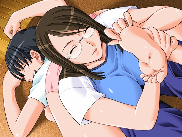 okano sena, complets, matty, ass, barefoot, black hair, breasts, brown hair, feet, glasses, large breasts, panties, pink panties, smile, soles, tears, tickling, tickling feet, toes, underwear