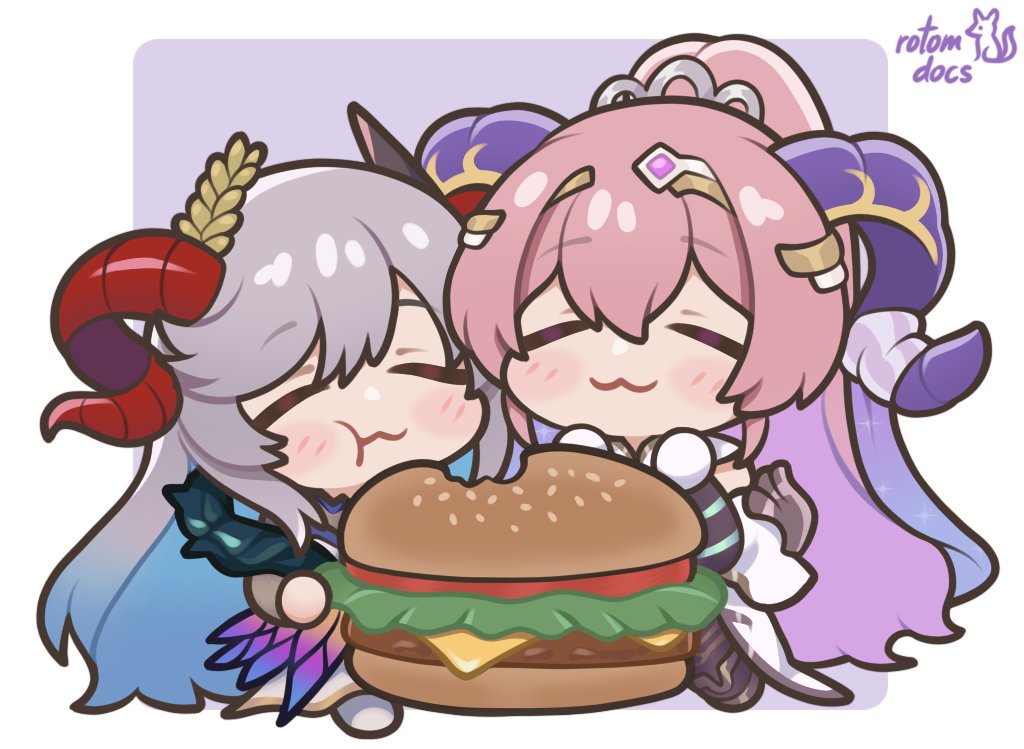 rotomdocs, freyja (fire emblem), nerthuz (fire emblem), fire emblem, fire emblem heroes, nintendo, 2girls, black thighhighs, blush, burger, chibi, chibi only, circlet, closed eyes, closed mouth, curled horns, dress, eating, food, gloves, goat horns, gold circlet, grey hair, hair between eyes, hair ornament, horns, large horns, long hair, multicolored hair, multiple girls, pink hair, ponytail, purple horns, red horns, smile, thighhighs, very long hair, white gloves