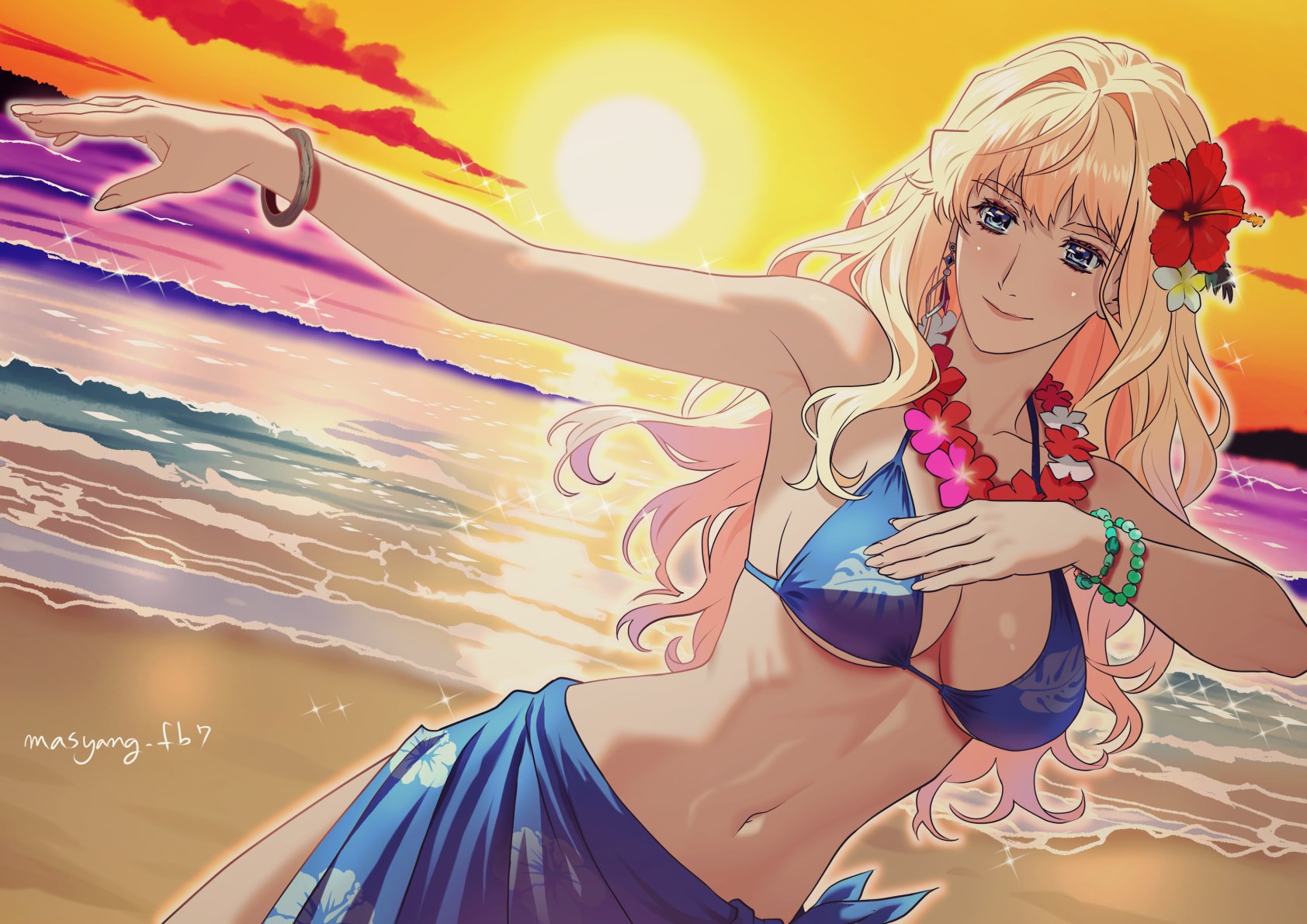 ryu (masu nantoka-san), sheryl nome, macross, macross frontier, highres, 1girl, beach, bikini, blonde hair, blue eyes, blush, breasts, earrings, flower, jewelry, large breasts, long hair, navel, smile, solo, swimsuit, water