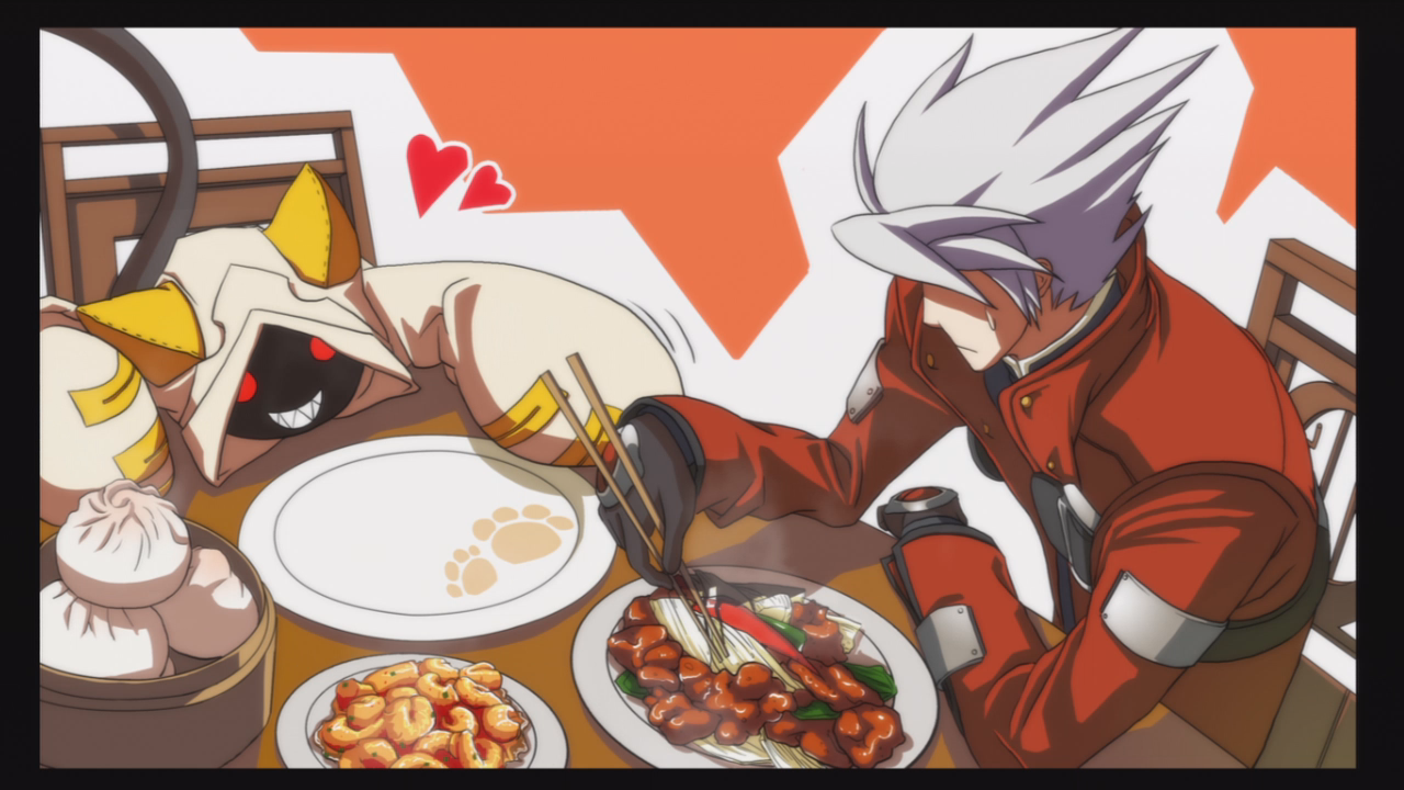 ragna the bloodedge, taokaka, arc system works, blazblue, blazblue: calamity trigger, silver hair, official art, 1boy, 1girl, animal ears, cat ears, cat tail, chopsticks, fake animal ears, food, heart, plate, sitting, tail