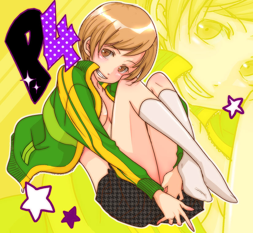 mochida, mochida (annie), satonaka chie, atlus, persona, persona 4, bad id, bad pixiv id, 1girl, brown eyes, brown hair, feet, female focus, grin, jacket, open clothes, open shirt, shirt, short hair, smile, socks, solo, tomboy