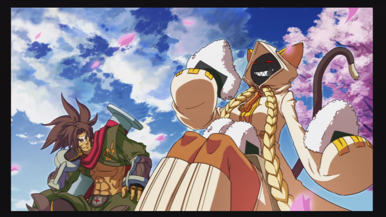 shishigami bang, taokaka, arc system works, blazblue, blazblue: calamity trigger, official art, 1boy, 1girl, animal ears, cat ears, cherry blossoms, dark skin, eating, fake animal ears, food, onigiri