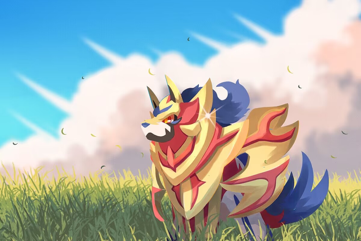1258265894, zamazenta, nintendo, pokemon, commentary request, closed mouth, cloud, day, field, gen 8 pokemon, glint, legendary pokemon, looking ahead, no humans, orange eyes, outdoors, pokemon (creature), sky, solo