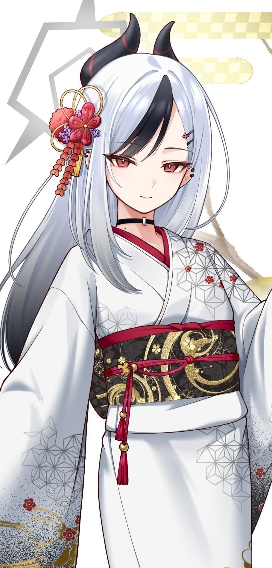 revebw, kayoko (blue archive), blue archive, commentary request, highres, 1girl, asa no ha (pattern), black choker, black hair, black horns, choker, closed mouth, demon horns, ear piercing, grey hair, hair ornament, halo, horns, japanese clothes, kimono, long hair, long sleeves, looking at viewer, mole, mole on neck, multicolored hair, obi, piercing, red eyes, sash, smile, solo, two-tone hair, white kimono, wide sleeves
