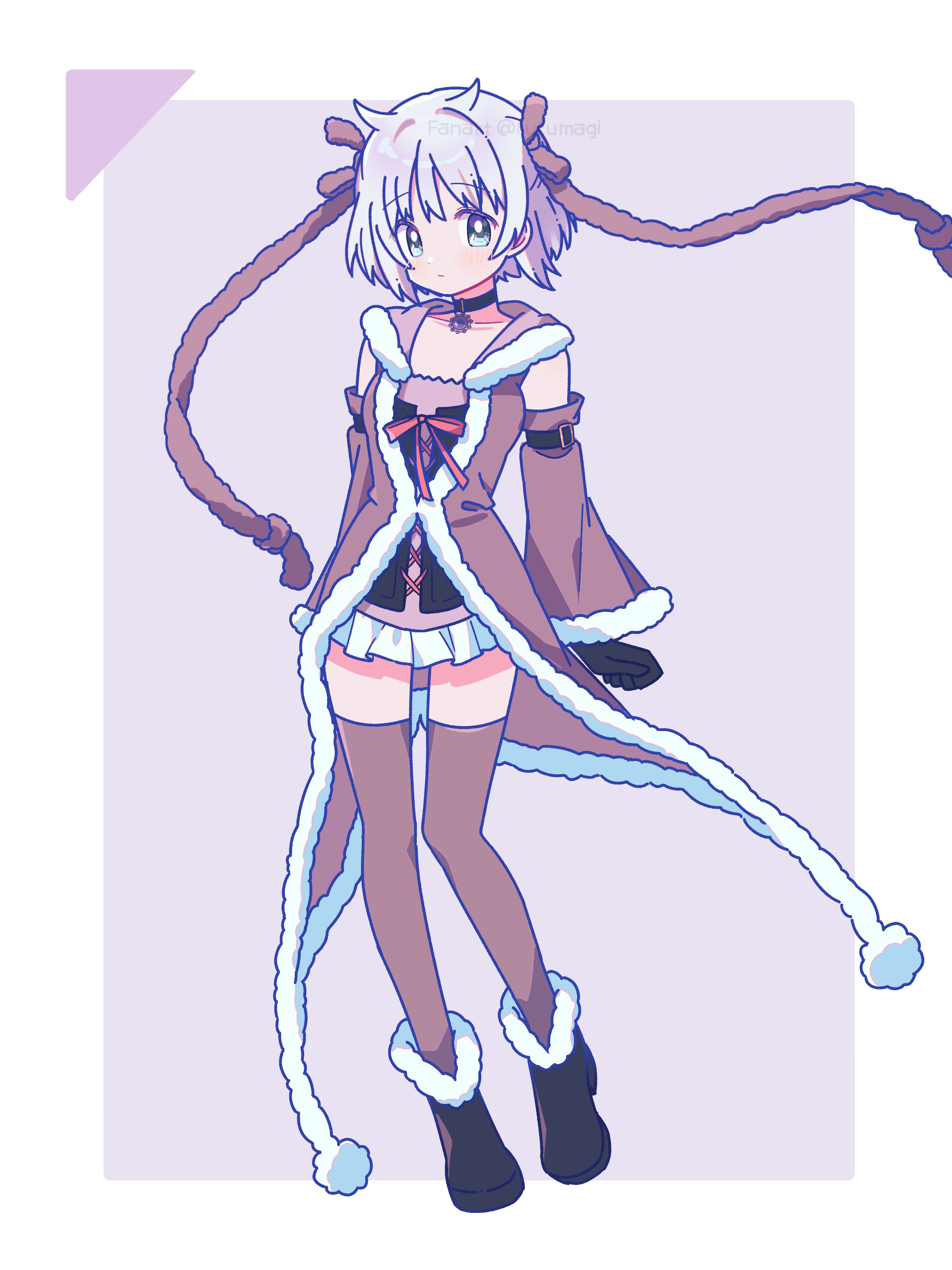 ruru (rurumagi), azusa mifuyu, magia record: mahou shoujo madoka magica gaiden, mahou shoujo madoka magica, absurdres, commentary, highres, 1girl, bare shoulders, black boots, black gloves, blush, boots, border, brown coat, brown sleeves, brown thighhighs, closed mouth, coat, detached sleeves, full body, fur-trimmed boots, fur-trimmed coat, fur-trimmed sleeves, fur trim, gloves, grey hair, long sleeves, looking at viewer, miniskirt, outside border, pleated skirt, purple background, short hair, simple background, skirt, sleeveless, sleeveless coat, solo, standing, thighhighs, white border, white skirt, zettai ryouiki