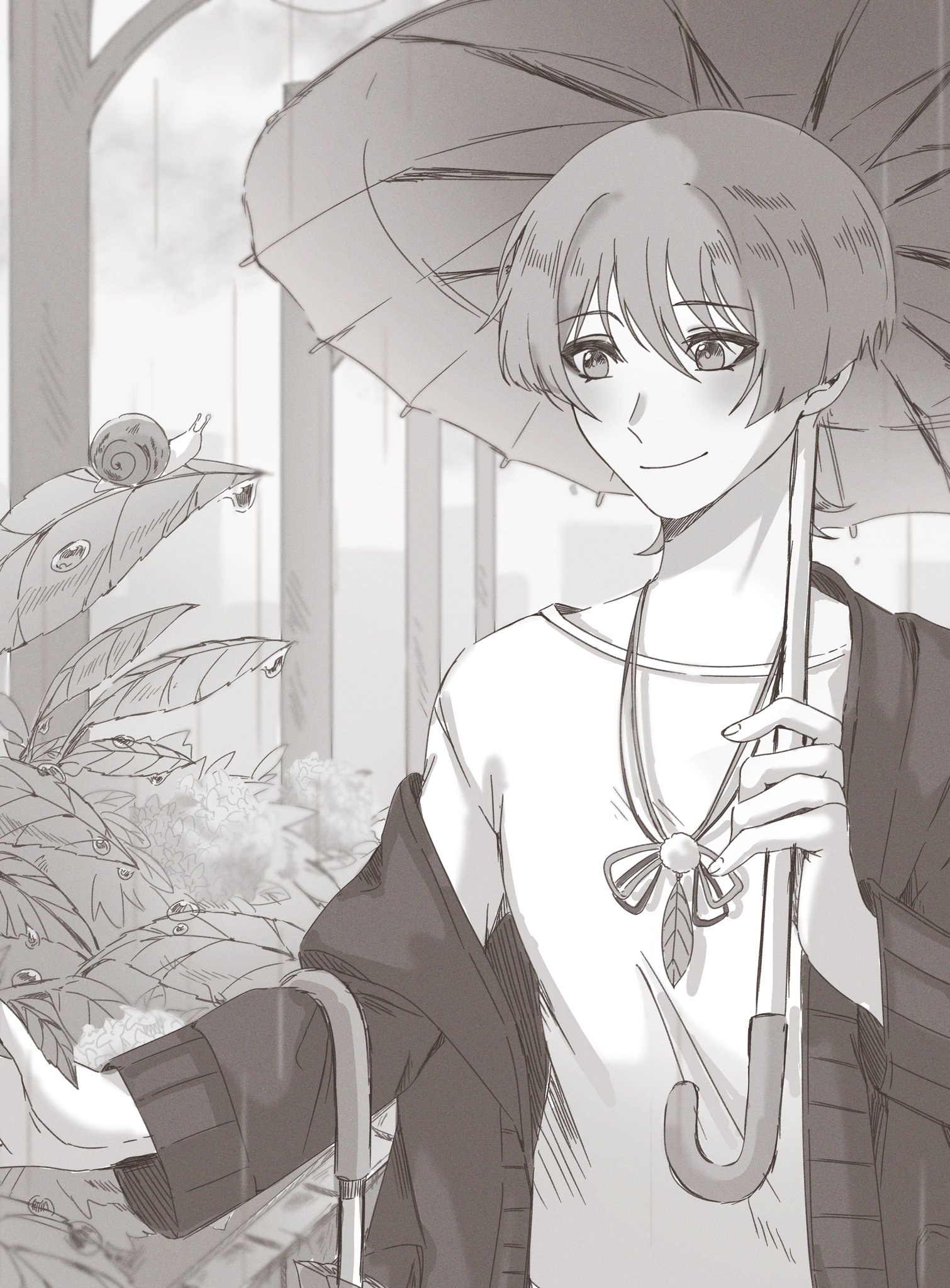 dlgodls0731, scaramouche (genshin impact), genshin impact, commentary, highres, symbol-only commentary, 1boy, alternate costume, arm at side, blunt ends, cardigan, casual, closed mouth, contemporary, eyelashes, eyeliner, eyeshadow, feathers, fingernails, hand up, holding, holding umbrella, leaf, long sleeves, looking at object, looking to the side, makeup, male focus, off shoulder, open cardigan, open clothes, outdoors, plant, pom pom (clothes), rain, sepia, shirt, single off shoulder, smile, snail, solo, string, tree, umbrella, undershirt, upper body, water drop, wispy bangs