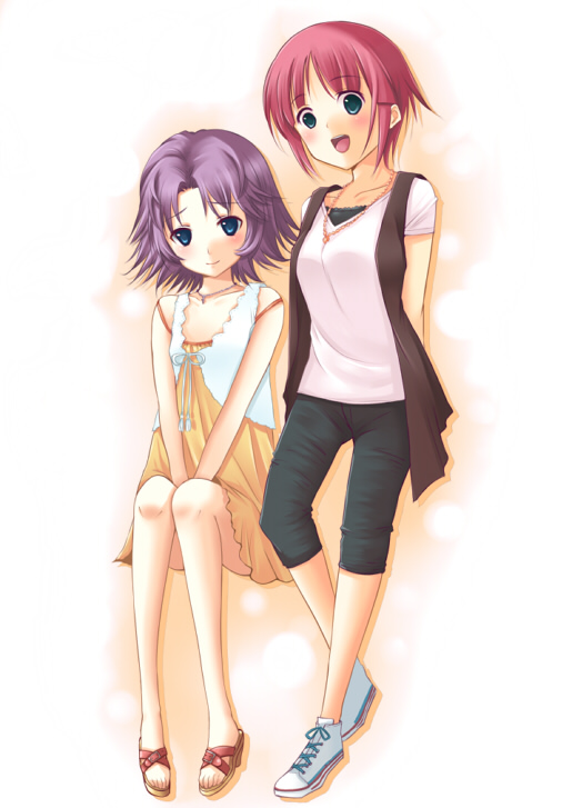 taha, latune subbota, mai kobayashi, banpresto, super robot wars, super robot wars original generation, 2girls, blue eyes, casual, dress, green eyes, jewelry, multiple girls, necklace, pink hair, sandals, short hair