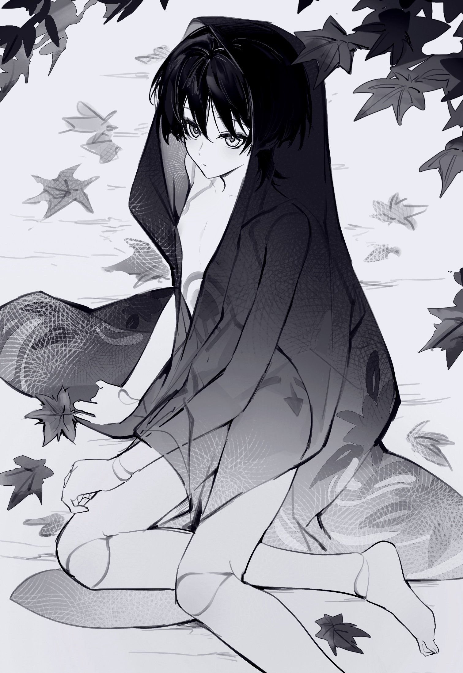 yue18yi, scaramouche (genshin impact), scaramouche (kabukimono) (genshin impact), genshin impact, highres, 1boy, arms at sides, bare shoulders, barefoot, blunt ends, body markings, collarbone, doll joints, greyscale, holding, holding leaf, joints, leaf, looking to the side, male focus, maple leaf, monochrome, navel, nude, outdoors, pectorals, see-through clothes, see-through veil, sitting, solo, toes, veil, wispy bangs, yokozuwari