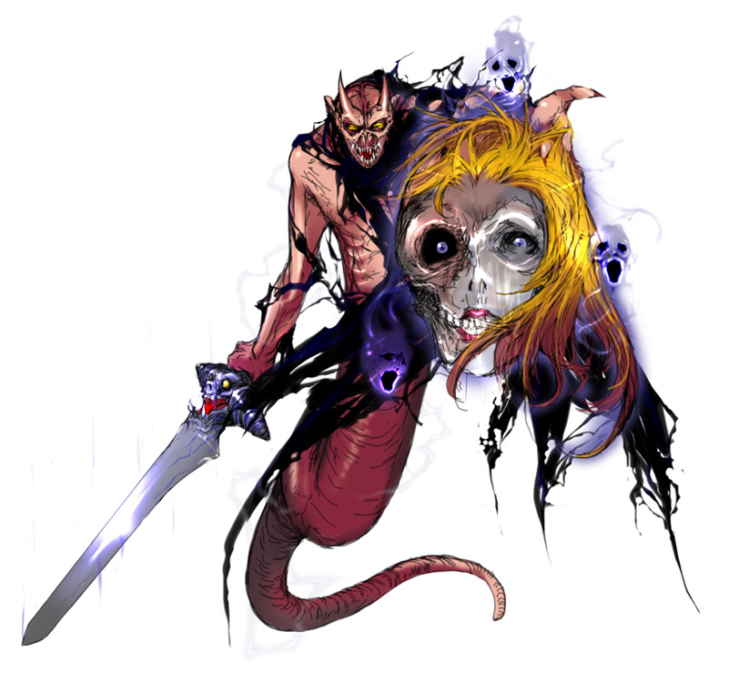 aoguu, romancing saga, romancing saga 2, saga, blonde hair, blue eyes, fangs, horns, monster, no humans, sword, weapon