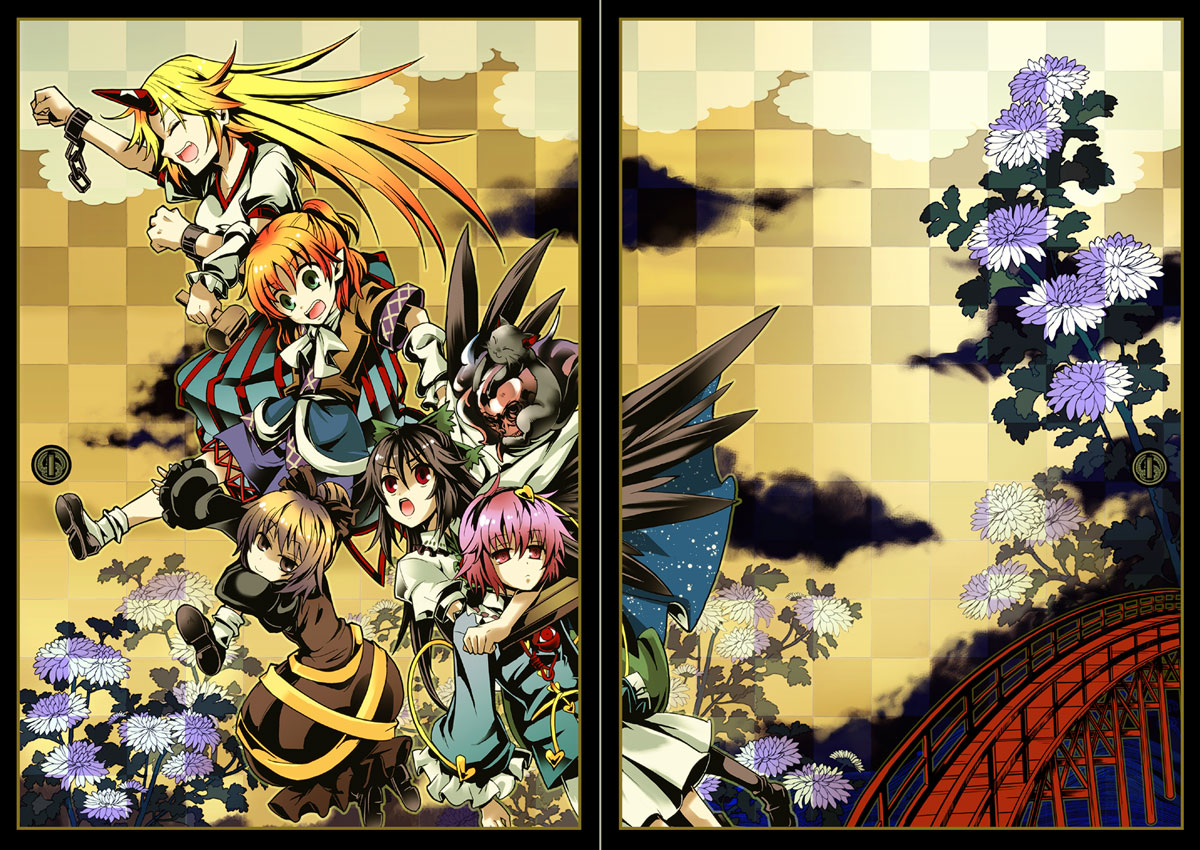 taki tarou, takitarou, hoshiguma yuugi, kaenbyou rin, kaenbyou rin (cat), komeiji satori, kurodani yamame, mizuhashi parsee, reiuji utsuho, subterranean animism, touhou, bad id, bad pixiv id, 6+girls, black hair, black wings, checkered background, female focus, flower, flying, hair bun, horns, hydrangea, long hair, looking at viewer, multiple girls, orange hair, pink hair, pointy ears, ponytail, red eyes, short hair, short ponytail, simple background, single hair bun, single horn, very long hair, wings