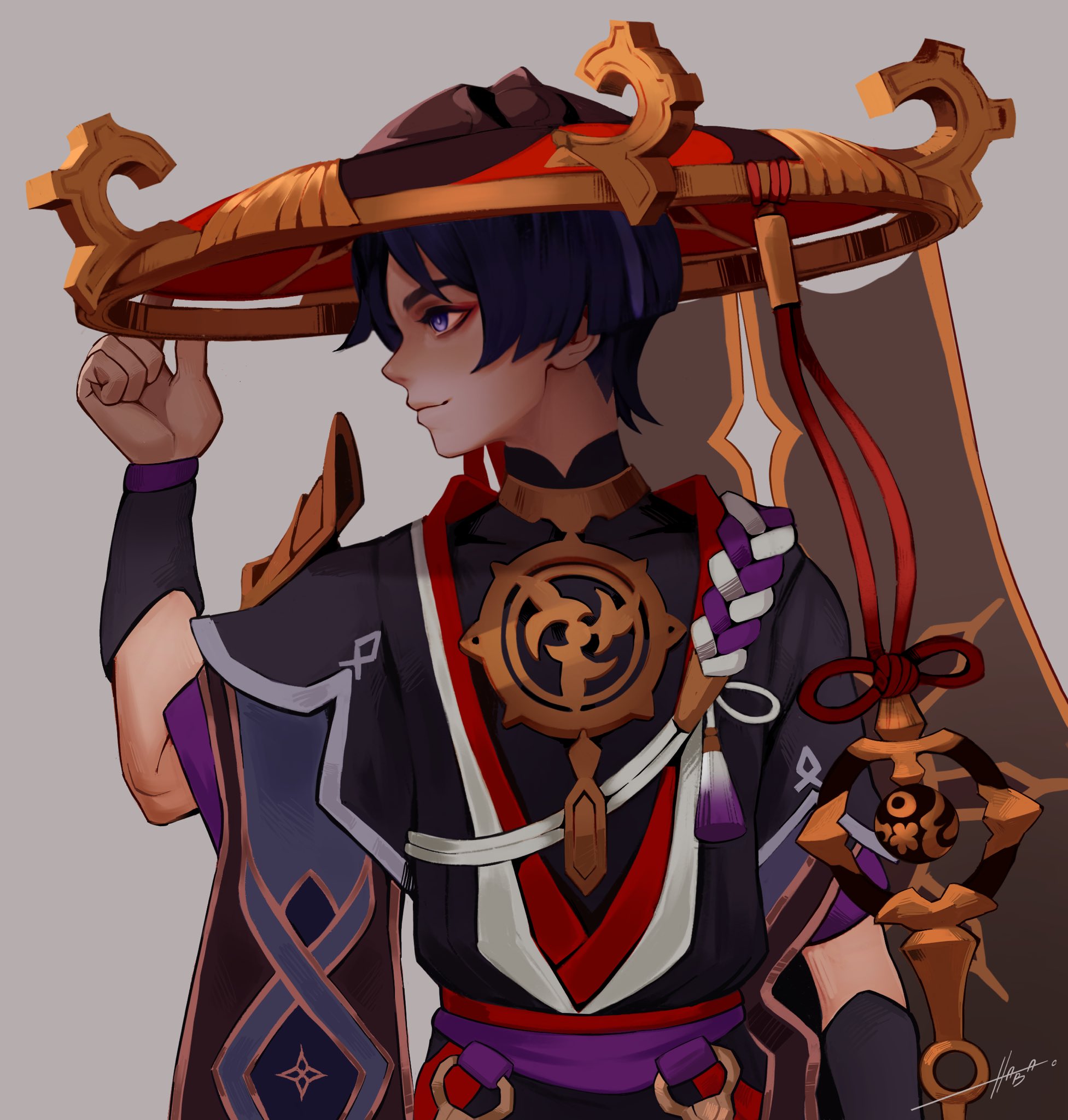 navadraw, scaramouche (genshin impact), genshin impact, highres, 1boy, arm at side, armor, black bodysuit, black hair, black hat, black kimono, black mask, black sleeves, blunt ends, bodysuit, closed mouth, covered collarbone, eyeliner, eyeshadow, furisode, gold, gold trim, grey background, grey veil, hand up, hat, japanese armor, japanese clothes, jewelry, jingasa, juban, kimono, kote, kurokote, layered sleeves, looking to the side, makeup, male focus, mandarin collar, mask on hat, mitsudomoe (shape), multicolored hair, neck ring, o-ring, open clothes, open kimono, purple eyes, purple hair, purple rope, purple sash, purple sleeves, red eyeliner, red eyeshadow, red hat, red kimono, red sash, rope, sash, shimenawa, short sleeves, smile, solo, streaked hair, tassel, tomoe (symbol), two-tone hat, upper body, veil, white kimono, white rope