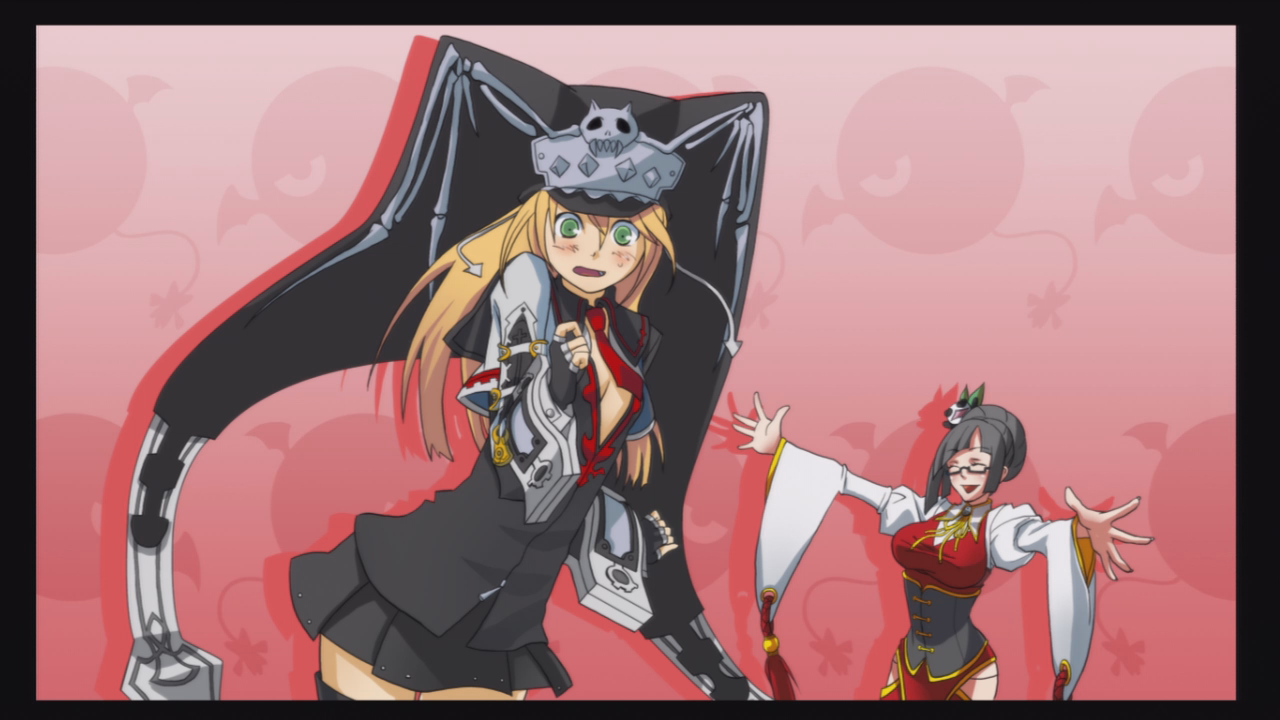 lao jiu, litchi faye ling, noel vermillion, valentine (guilty gear), arc system works, blazblue, blazblue: calamity trigger, guilty gear, guilty gear 2, game cg, official art, 2girls, black hair, blonde hair, blush, chinese clothes, closed eyes, cosplay, embarrassed, glasses, green eyes, hair ornament, long hair, miniskirt, multiple girls, necktie, panda, short hair, skirt, thighhighs, valentine (guilty gear) (cosplay), zettai ryouiki