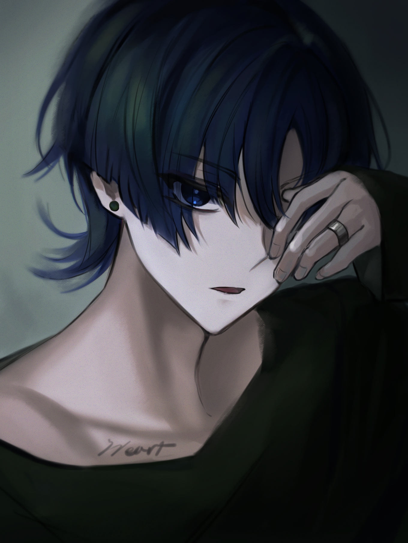 talking ok, scaramouche (genshin impact), genshin impact, highres, 1boy, alternate costume, black hair, black shirt, black sleeves, blue eyes, blunt ends, casual, contemporary, earrings, english text, eyes visible through hair, fingernails, grey pupils, hand over eye, hand up, jewelry, looking at viewer, male focus, open hand, portrait, ring, shirt, sleeves past wrists, solo, tsurime, wispy bangs