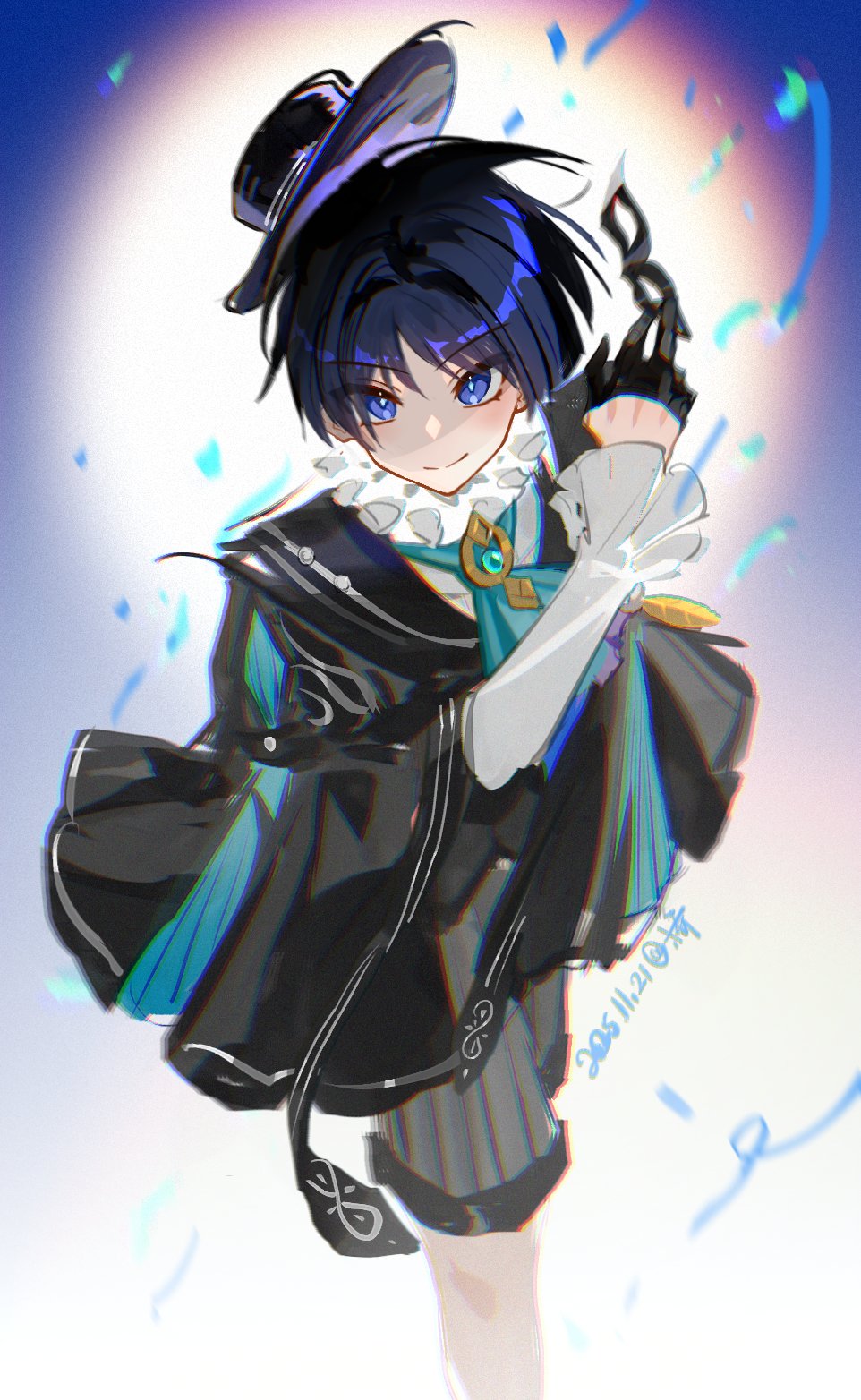 qiao2121, scaramouche (genshin impact), wanderer (genshin impact), genshin impact, commentary, highres, symbol-only commentary, 1boy, alternate costume, aqua ascot, aqua gemstone, ascot, black coat, black gloves, black hair, black hat, black mask, blue hair, blue pupils, blunt ends, boater hat, closed mouth, coat, coat on shoulders, confetti, dated, domino mask, eye mask, feathers, formal clothes, frilled shirt collar, frilled sleeves, frills, gem, gloves, gold, grey shorts, grey vest, half gloves, hand up, hat, holding, holding mask, hoyofair, lapels, leaning forward, long sleeves, looking at viewer, male focus, mask, multicolored hair, pleated shorts, purple eyes, purple hat, shirt, shorts, smile, solo, split mouth, streaked hair, tsurime, two-sided fabric, two-sided headwear, undershirt, vest, white shirt, white sleeves, wispy bangs, yellow feathers