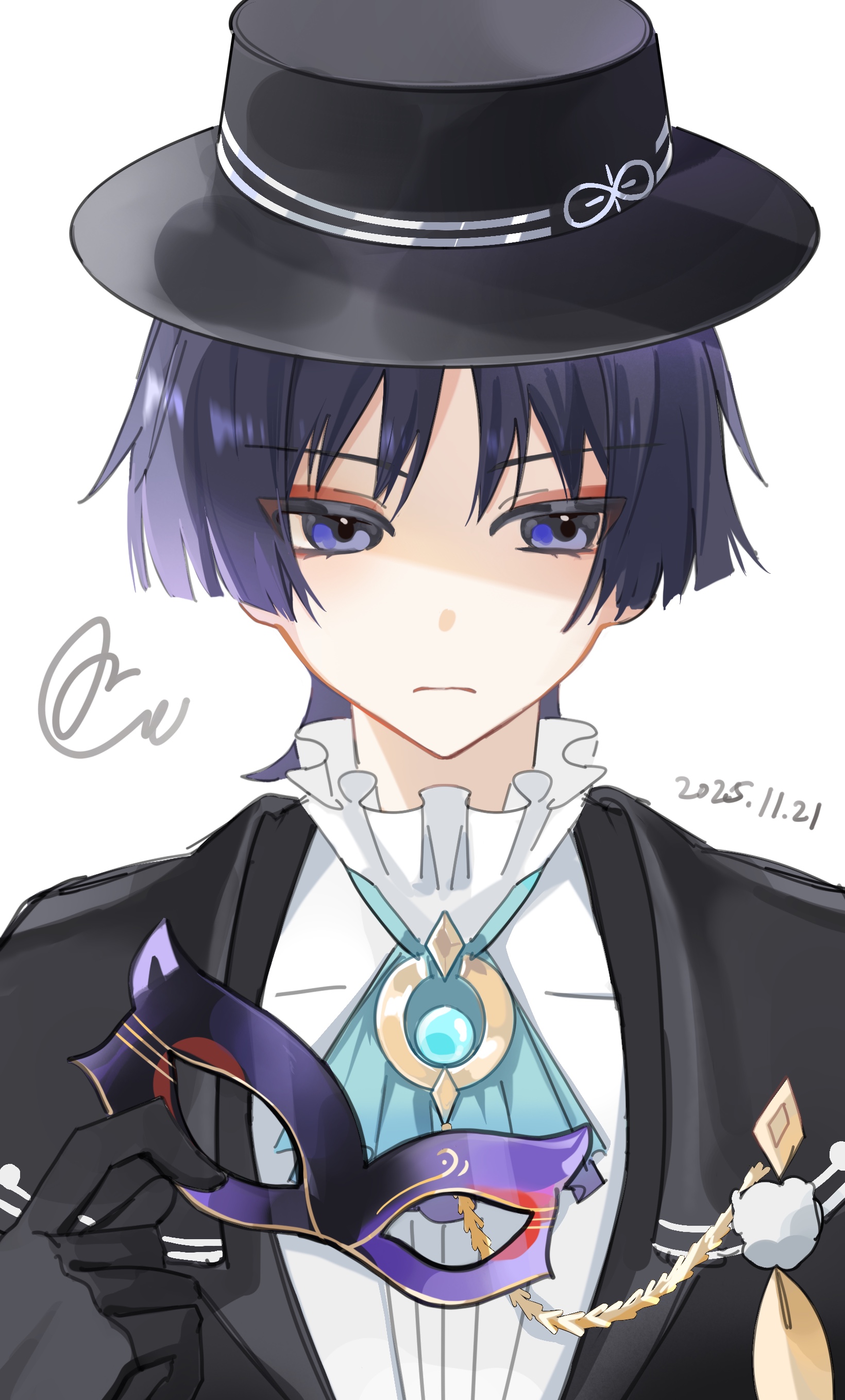 suyi42478390, scaramouche (genshin impact), wanderer (genshin impact), genshin impact, absurdres, highres, 1boy, aiguillette, alternate costume, aqua ascot, aqua gemstone, ascot, black gloves, black hat, black jacket, blunt ends, boater hat, closed mouth, collar, dated, domino mask, dress shirt, expressionless, eye mask, eyelashes, eyeliner, eyeshadow, feathers, formal clothes, frilled shirt collar, frills, gem, gloves, gold, hat, holding, holding mask, hoyofair, jacket, makeup, male focus, mask, pom pom (clothes), purple eyes, purple hair, purple mask, red eyeliner, red eyeshadow, shaded face, shirt, solo, suit jacket, tsurime, undershirt, white background, white collar, white shirt, white trim, yellow feathers