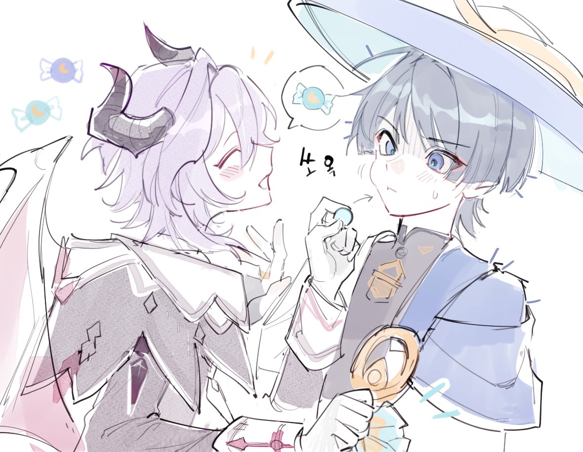 mini durin (genshin impact), mini durin (human) (genshin impact), scaramouche (genshin impact), wanderer (genshin impact), genshin impact, 2boys, black horns, blue cape, blue hat, blunt ends, blush, bodysuit, candy, cape, cheek bulge, clenched hand, closed eyes, coat, collar, cranberry11 207, dragon boy, dragon horns, dragon wings, eyeliner, eyeshadow, facing another, feeding, food, gloves, gold, grey bodysuit, grey coat, grey hair, grey sleeves, hat, horns, japanese clothes, kimono, light blush, long sleeves, makeup, mandarin collar, multiple boys, open mouth, pink wings, purple eyes, purple hair, purple hat, red eyeliner, red eyeshadow, spiked wings, spoken food, sweatdrop, tilted headwear, white background, white collar, white gloves, white kimono, white mouth, wings, wispy bangs