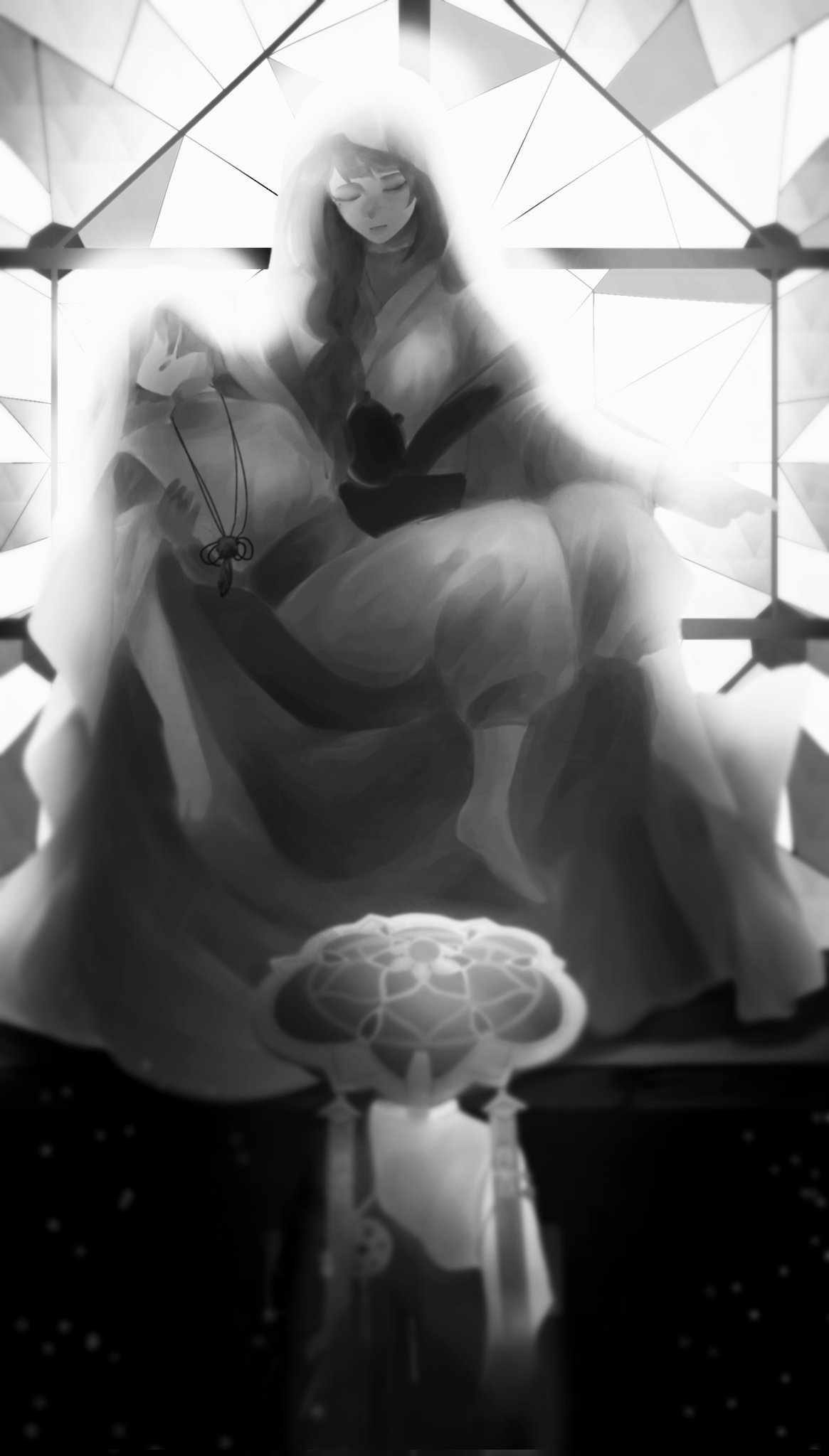 dlgodls0731, raiden shogun, scaramouche (genshin impact), scaramouche (kabukimono) (genshin impact), wanderer (genshin impact), genshin impact, highres, 1girl, 2boys, backlighting, barefoot, blunt ends, braid, cape, carrying, closed eyes, closed mouth, clothing cutout, dual persona, facing down, facing to the side, furisode, greyscale, hair over shoulder, hand on another's chest, hat, heart (organ), japanese clothes, jingasa, kariginu, kimono, long hair, long sleeves, low-braided long hair, low-tied long hair, mandala, monochrome, mother and son, multiple boys, open mouth, pants, princess carry, sash, short sleeves, shoulder cutout, stained glass, tasuki, veil