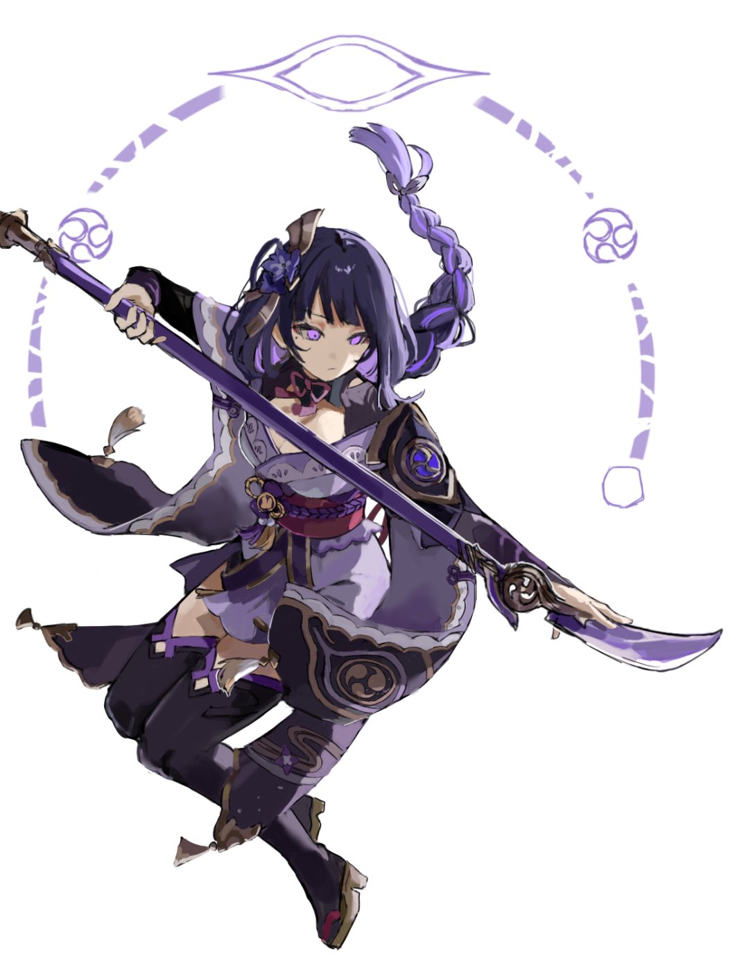 raiden shogun, genshin impact, highres, 1girl, 624 itumo, black bridal gauntlets, black hair, black shrug, black thighhighs, blunt bangs, braid, breasts, bridal gauntlets, brown sandals, cleavage, colored inner hair, electro symbol (genshin impact), engulfing lightning (genshin impact), fighting stance, floral print, floral print kimono, flower, furisode, gold trim, hair flower, hair ornament, hair tie, halo, high heel sandals, holding, holding polearm, holding weapon, japanese clothes, kimono, long hair, low-braided long hair, low-tied long hair, mitsudomoe (shape), mole, mole under eye, multicolored hair, naginata, off shoulder, pelvic curtain, pink eyes, pink hair, polearm, print kimono, purple flower, purple hair, purple halo, purple kimono, purple rope, red sash, rope, sandals, sash, short kimono, shrug (clothing), single sode, solo, swept bangs, tassel, thighhighs, tomoe (symbol), tsurime, weapon